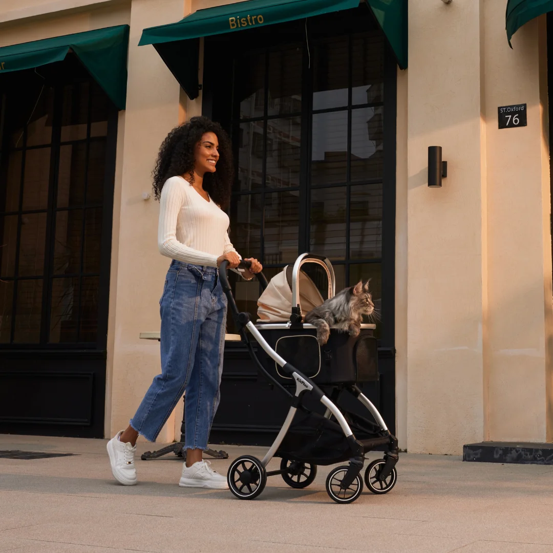 Foldable Pet Stroller with Detachable Carrier and Storage Basket for Dogs and Cats