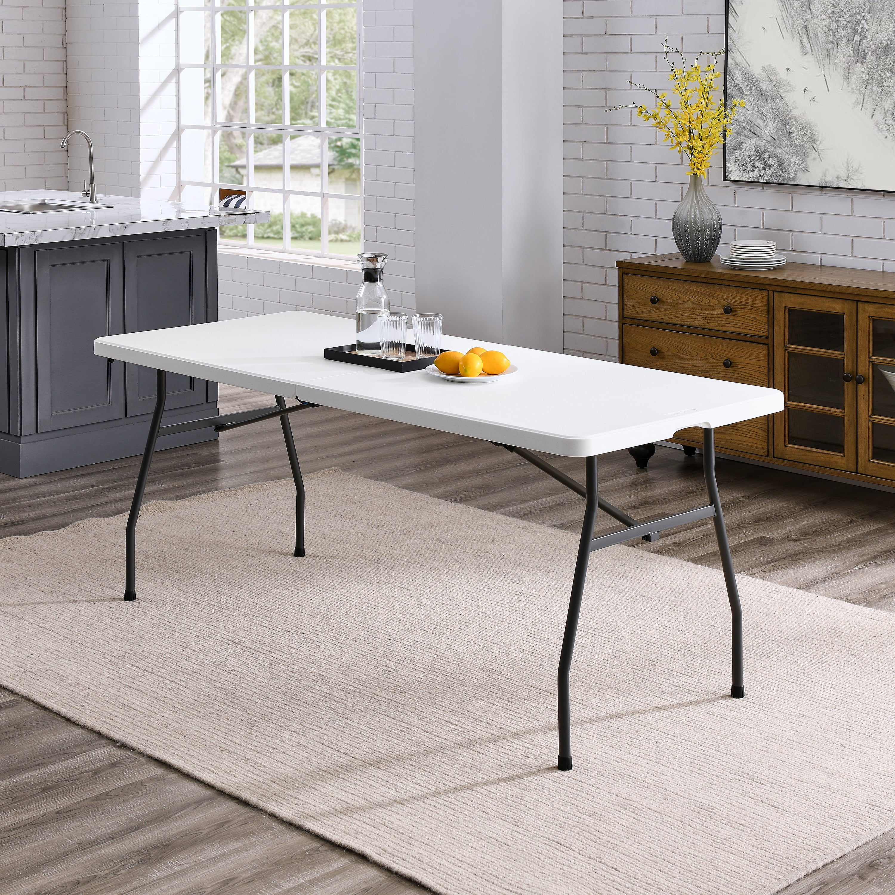 Mainstays 6 Foot Fold-in-Half Plastic Table, Indoor Outdoor, White Granite