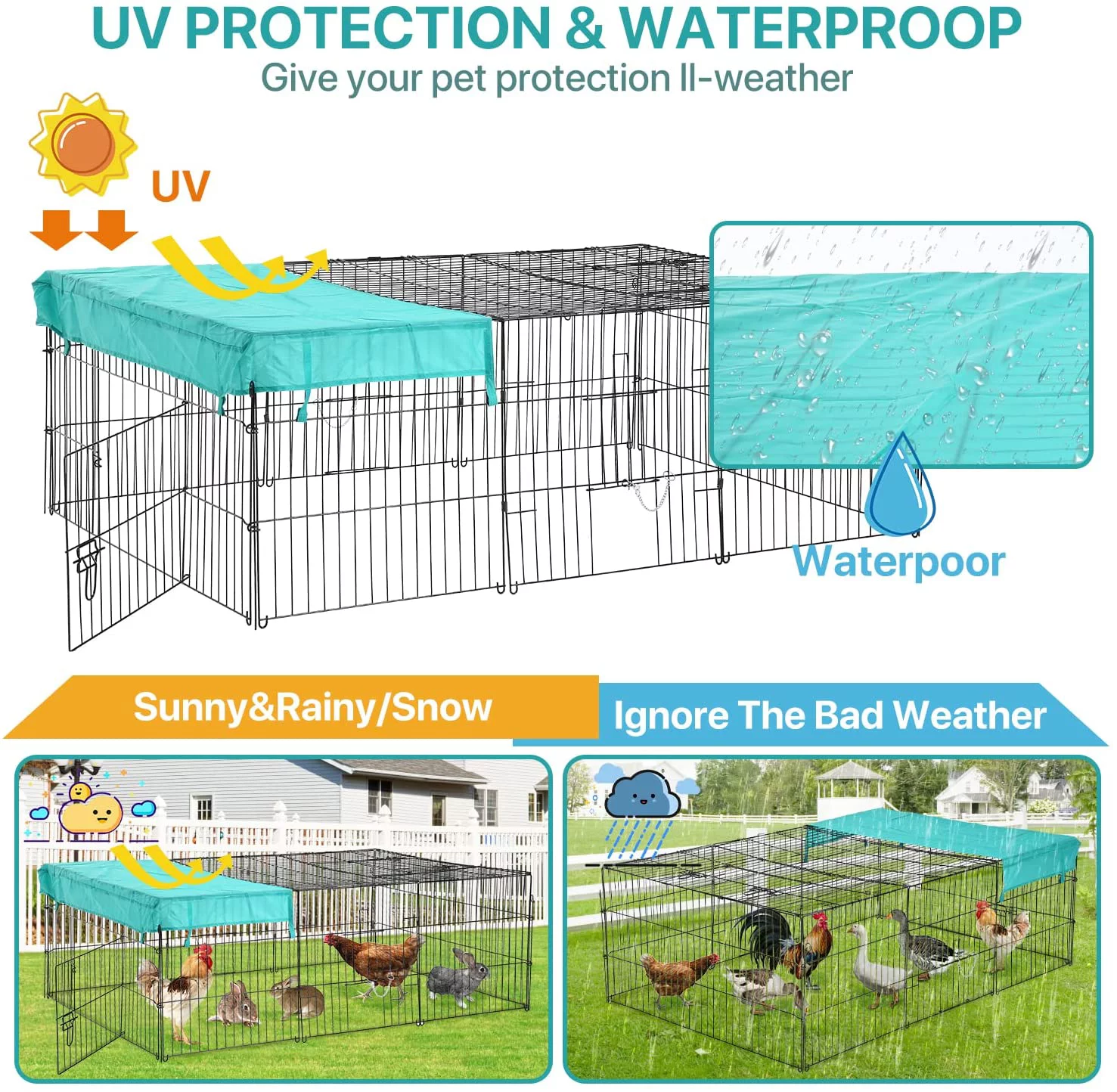 Dkeli Metal Chicken Coop Cage Walk-in Rabbit Enclosure Pen Outdoor Backyard Chicken Run Pen with Waterproof Cover for Rabbit Duck Hen, 72
