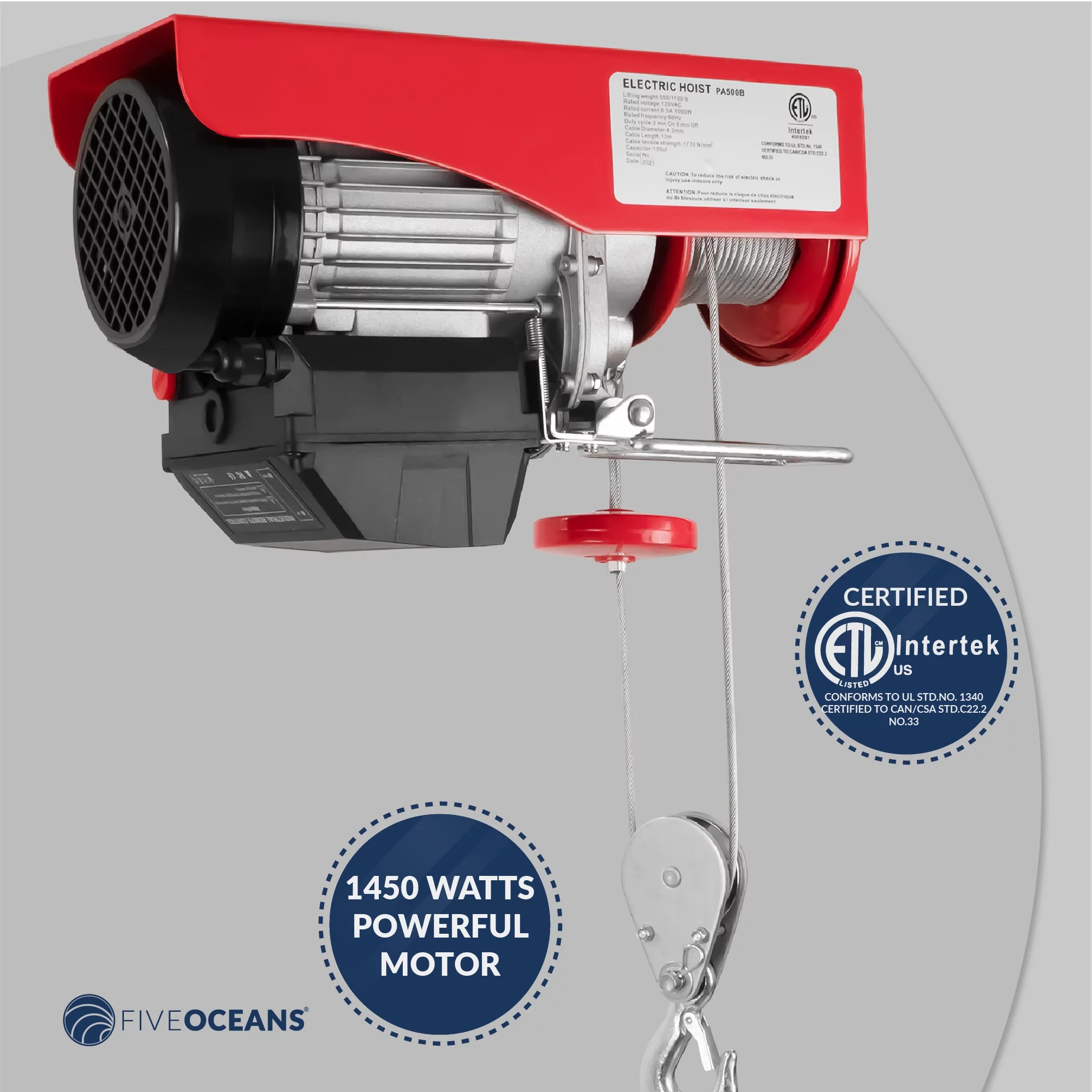 Five Oceans Electric Hoist, Hoist Pulley System, 1100 Lb Electric Winch with Wireless Remote Control 110 Volt - FO4402