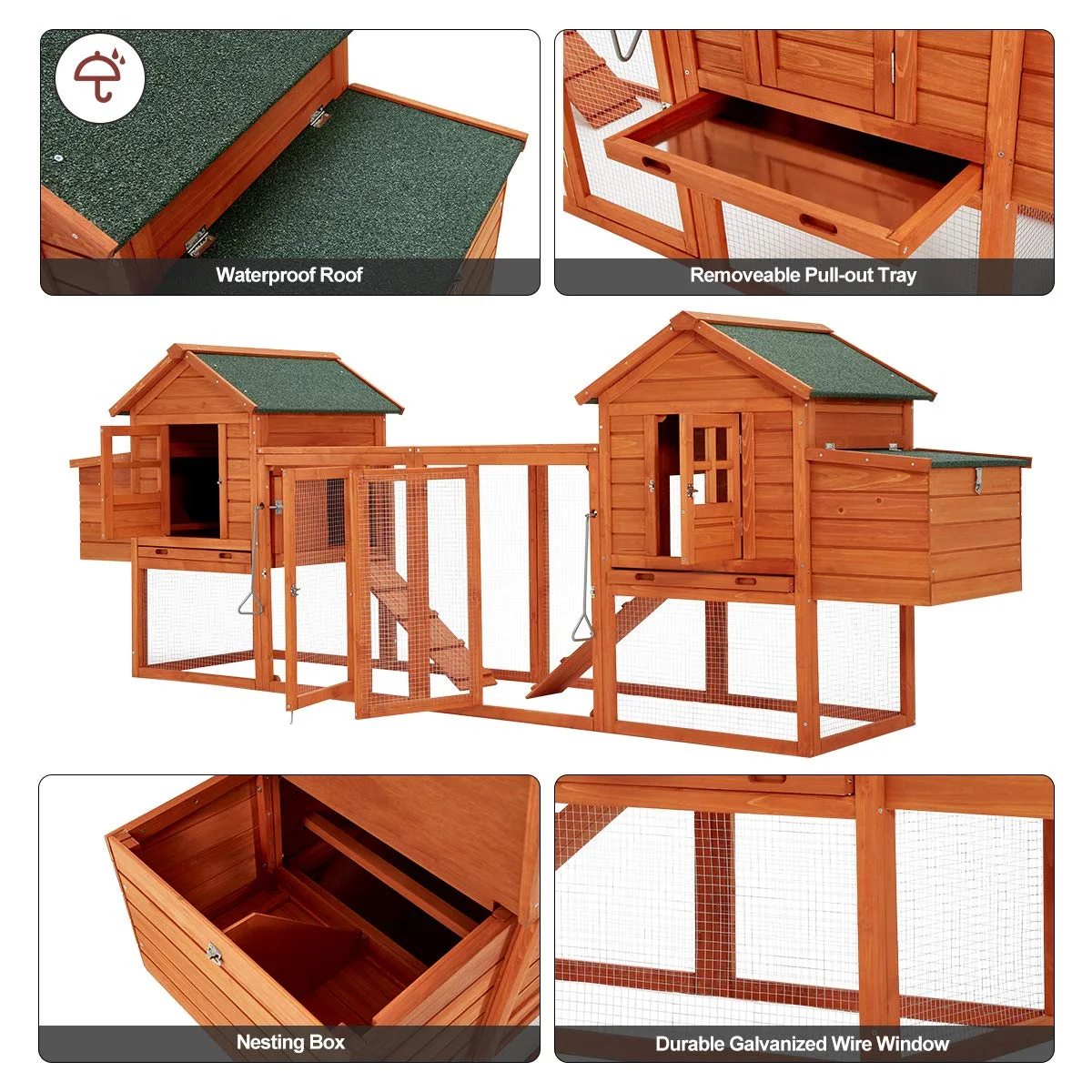 YODOLLA 144” Large Wooden Chicken Coop, Outdoor Hens House with Ramps and Nesting Boxes,Brown