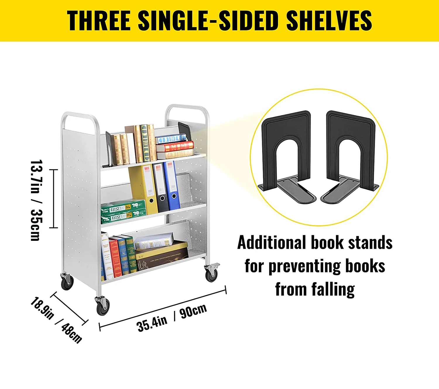 SKYSHALO 200LBS Book Cart, Library Cart 30x14x45 Inch, Rolling Book Cart Double Sided W-Shaped Sloped Shelves with 4-Inch Lockable Wheels, for Home Shelves Office and School Book Truck in White