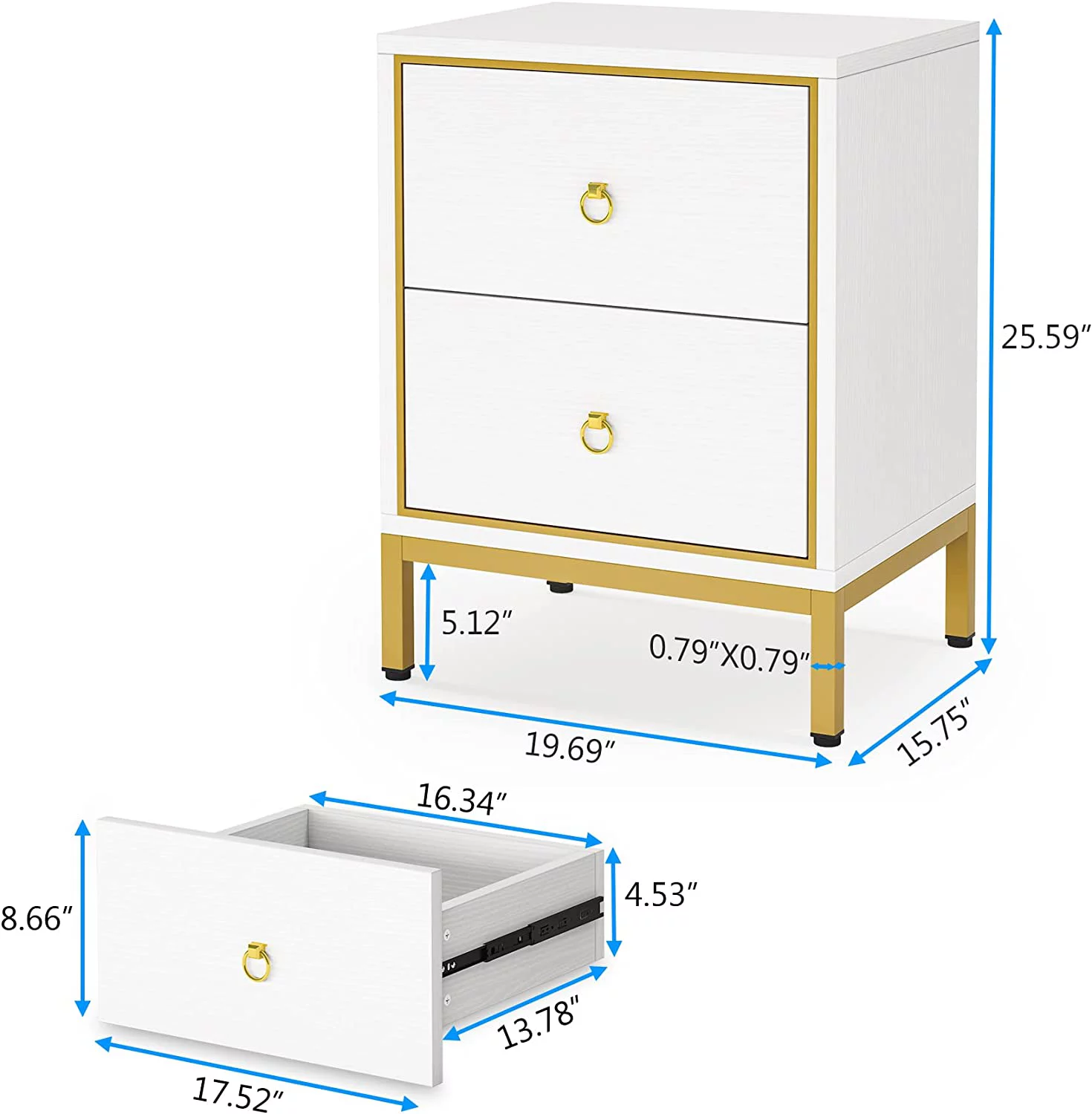 Tribesigns Nightstand with 2 Drawers, White &Gold End Table with Storage, Tall Night Stands Bedside Table for bedrooms, Modern Wood Bedside Furniture with Metal Frame for Bedroom, Living Room