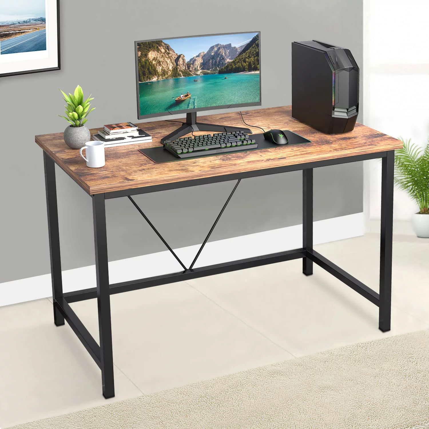 BestOffice Easy Assembly, Laptop Study Home Office Writing Table Edge Protectors Sturdy Desk, Brown