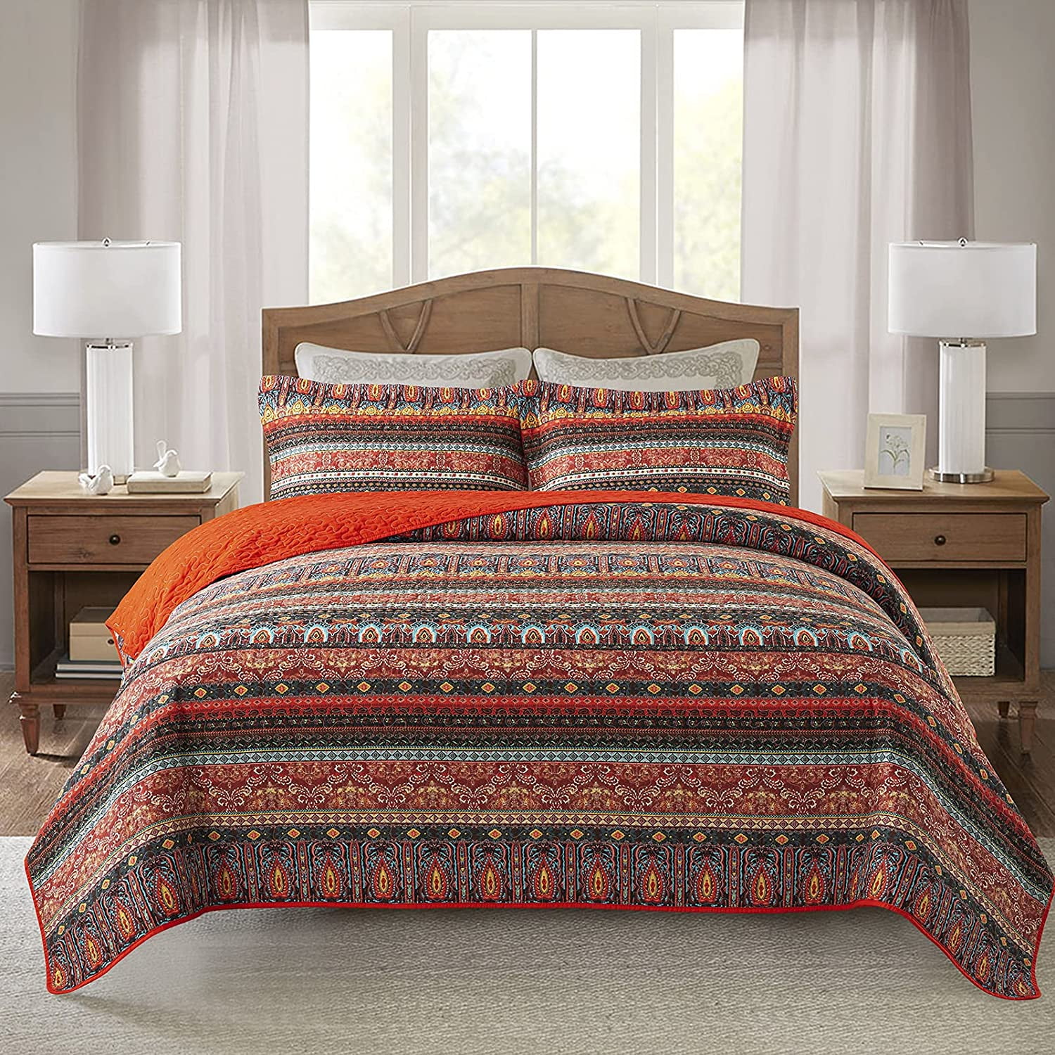 NEWLAKE Striped Classical Cotton 3-Piece Patchwork Bedspread Quilt Sets King Size