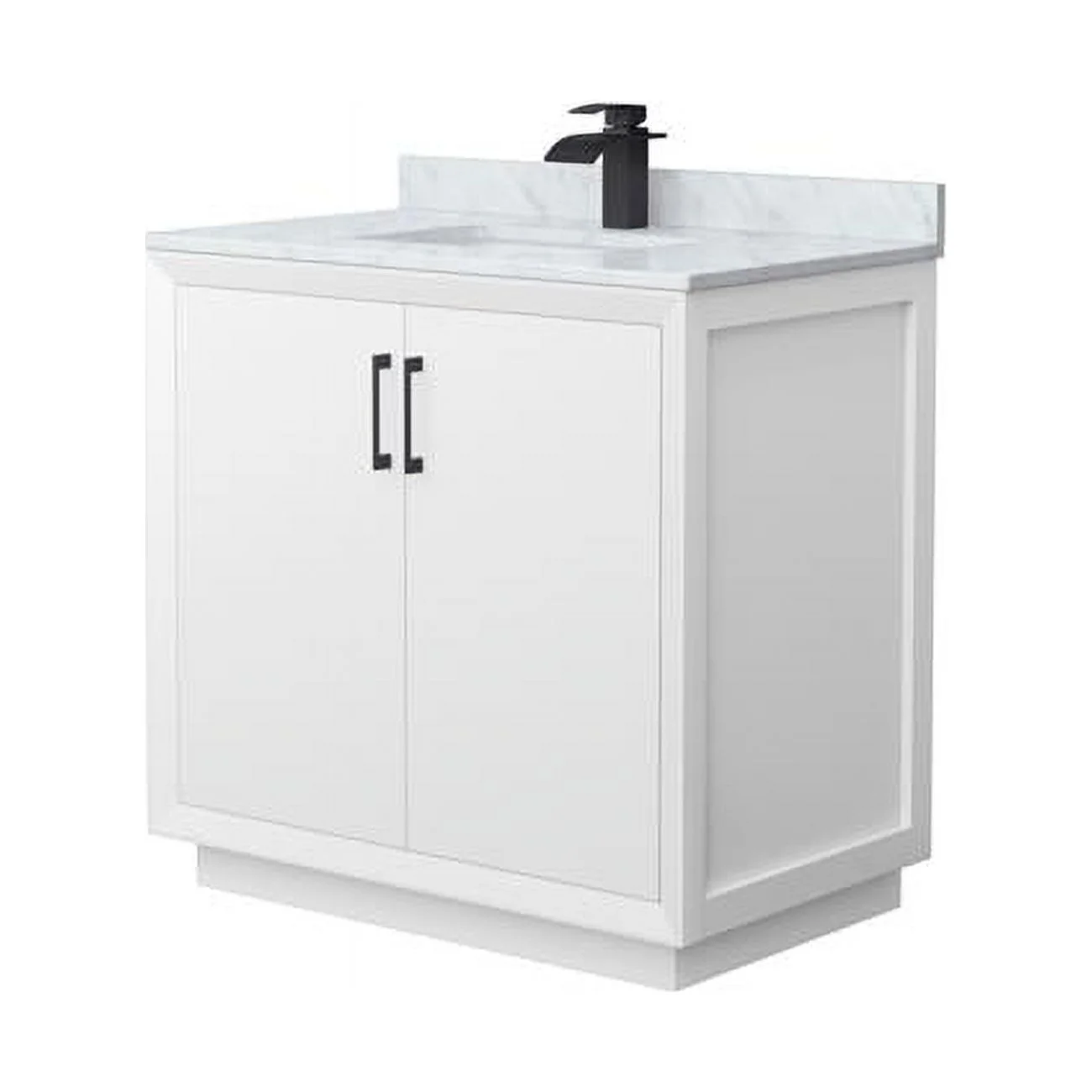 36 in. Strada Single Bathroom Vanity, White, White Carrara Marble Countertop, Undermount Square Sink & Matte Black Trim