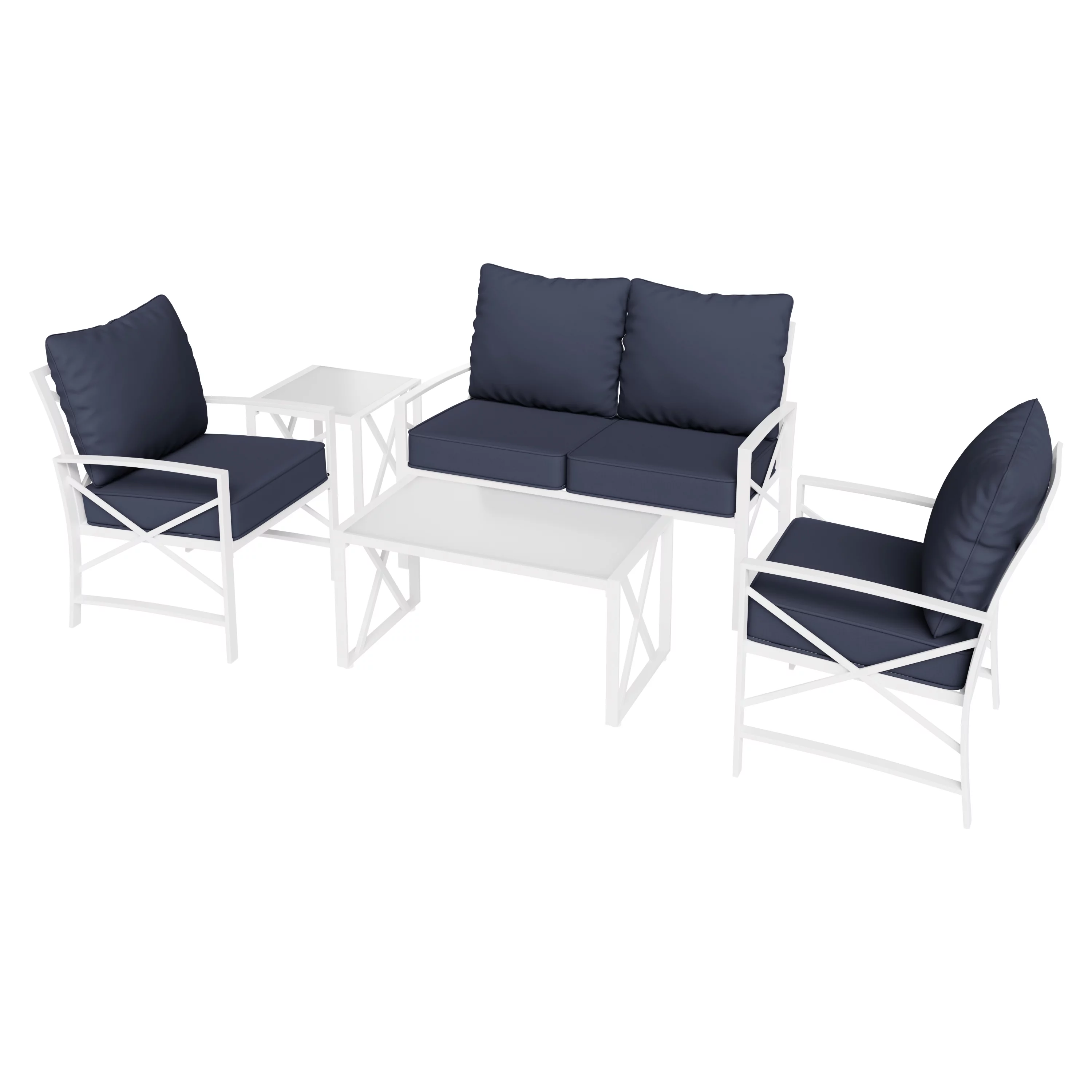 Walsunny 5-Piece Patio Furniture Set, Outdoor Furniture with Loveseat Sofa Coffee Table Metal Patio Set with Detachable Cushions Navy Blue