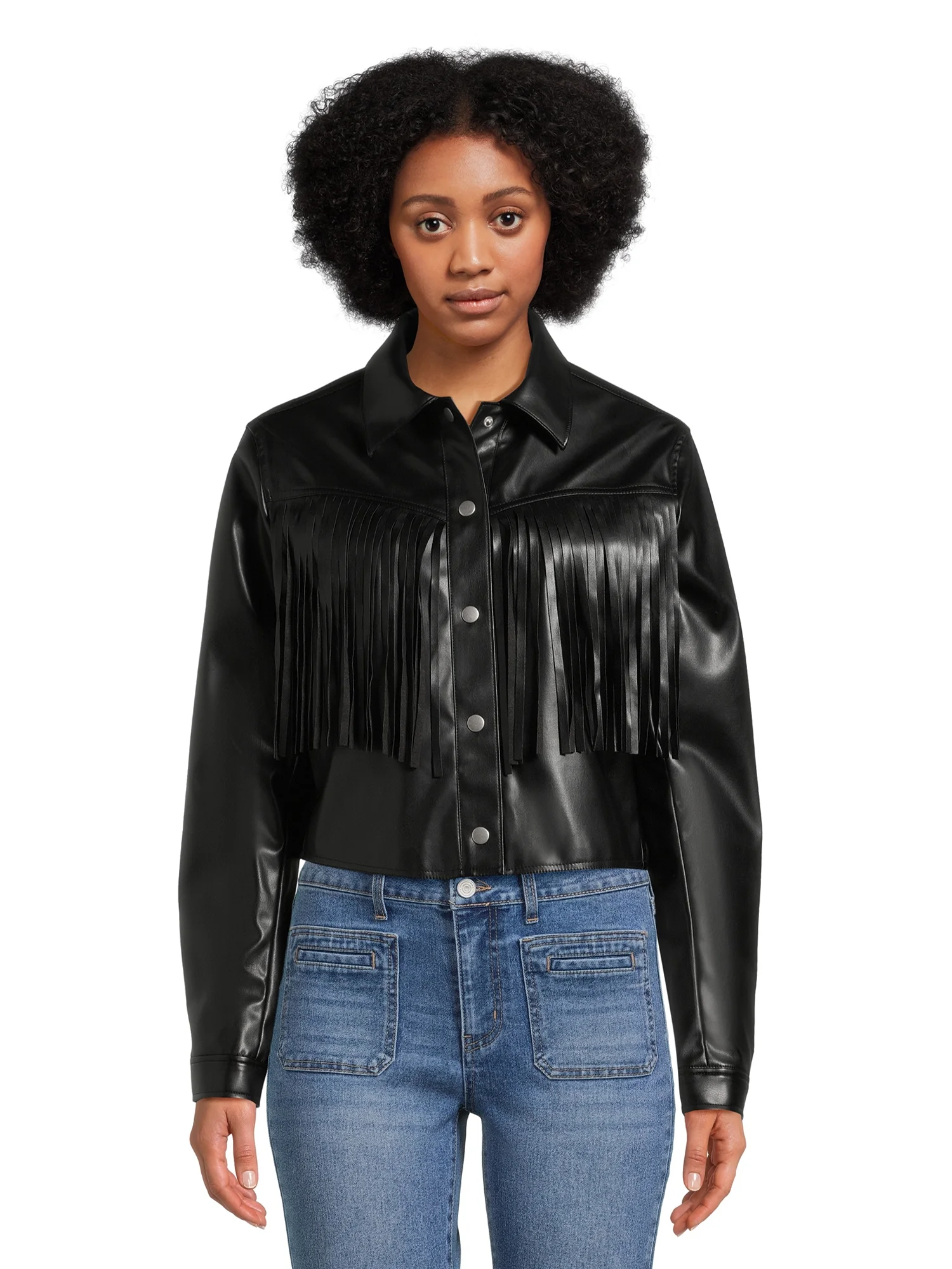 No Boundaries Juniors Fringe Moto Jacket with Long Sleeves, Sizes XS-3XL