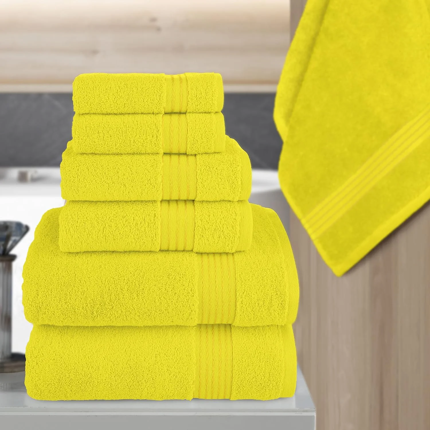 Turkish Linens Luxury Spa and Hotel Quality Premium Cotton 6-Piece Towel Set (2 x Bath Towels, 2 x Hand Towels, 2 x Washcloths), Yellow