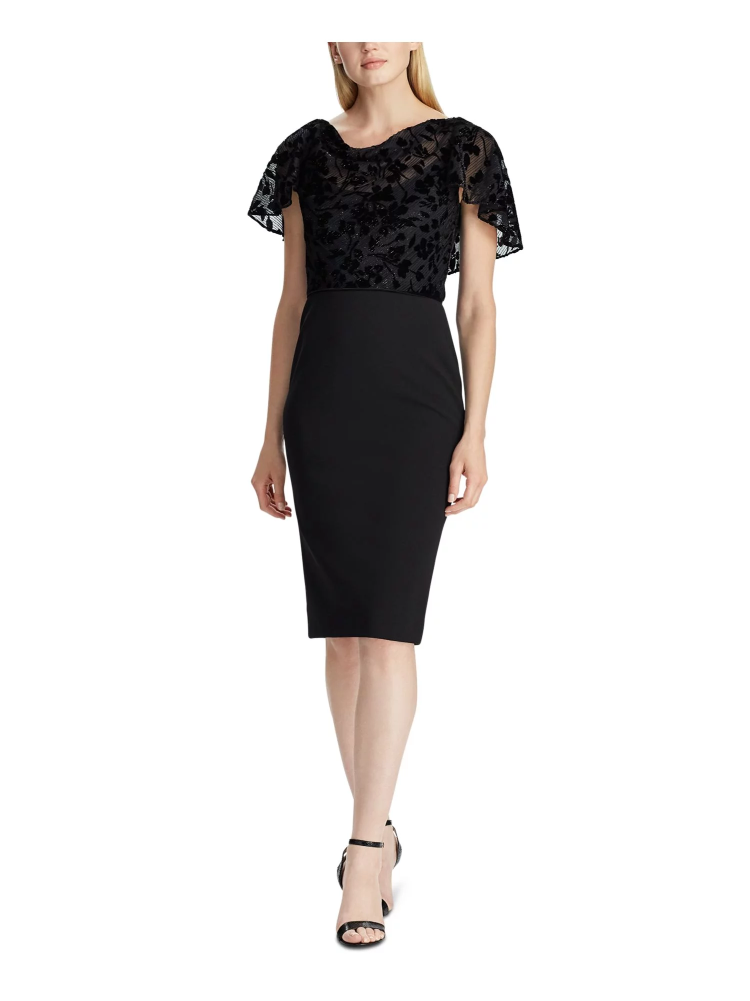 RALPH LAUREN Womens Black Embroidered Petal Sleeve Jewel Neck Knee Length Cocktail Sheath Dress Petites 0P