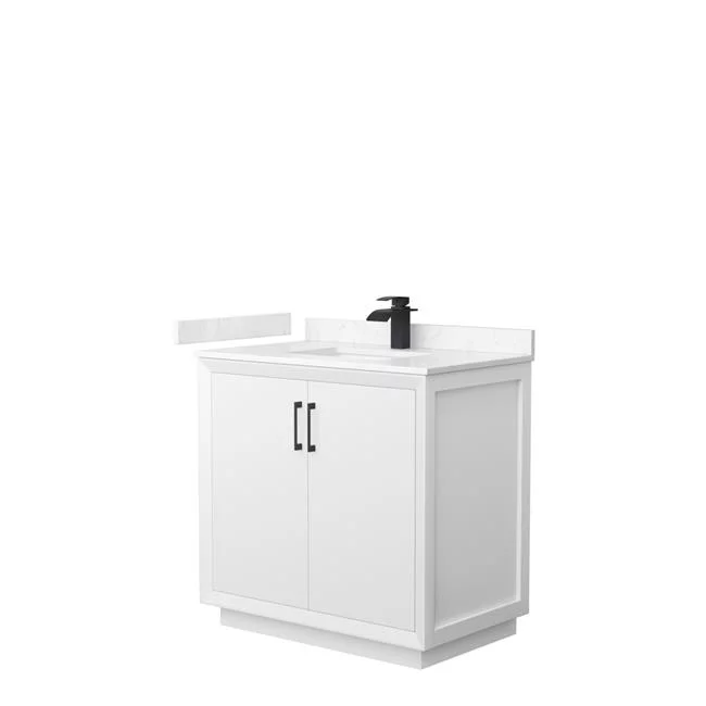 36 in. Strada Single Bathroom Vanity, White, Carrara Cultured Marble Countertop, Undermount Square Sink & Matte Black Trim