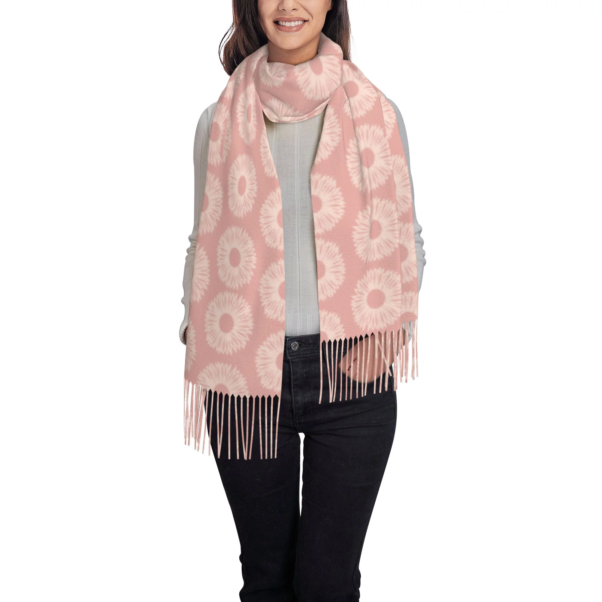 Women's Fashion Tassel Scarf, Pink Daisies Pattern Long Shawl, Lightweight and Warm
