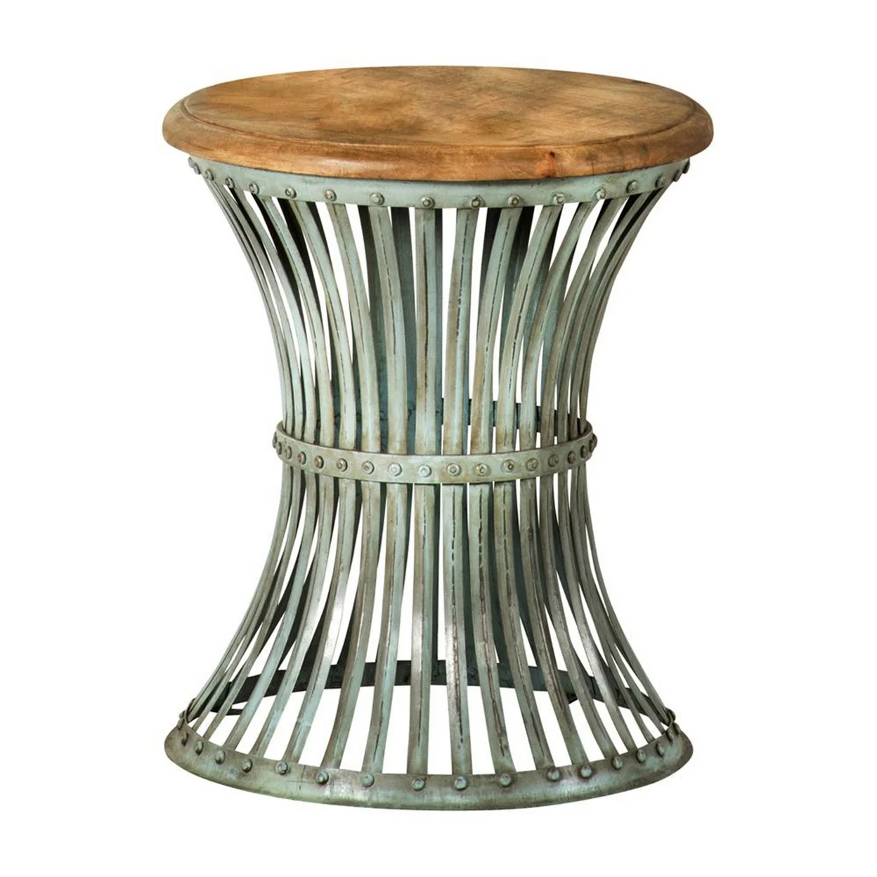 24 Inch Wood Round Accent Table with Hourglass Metal Base Distressed Blue - Saltoro Sherpi
