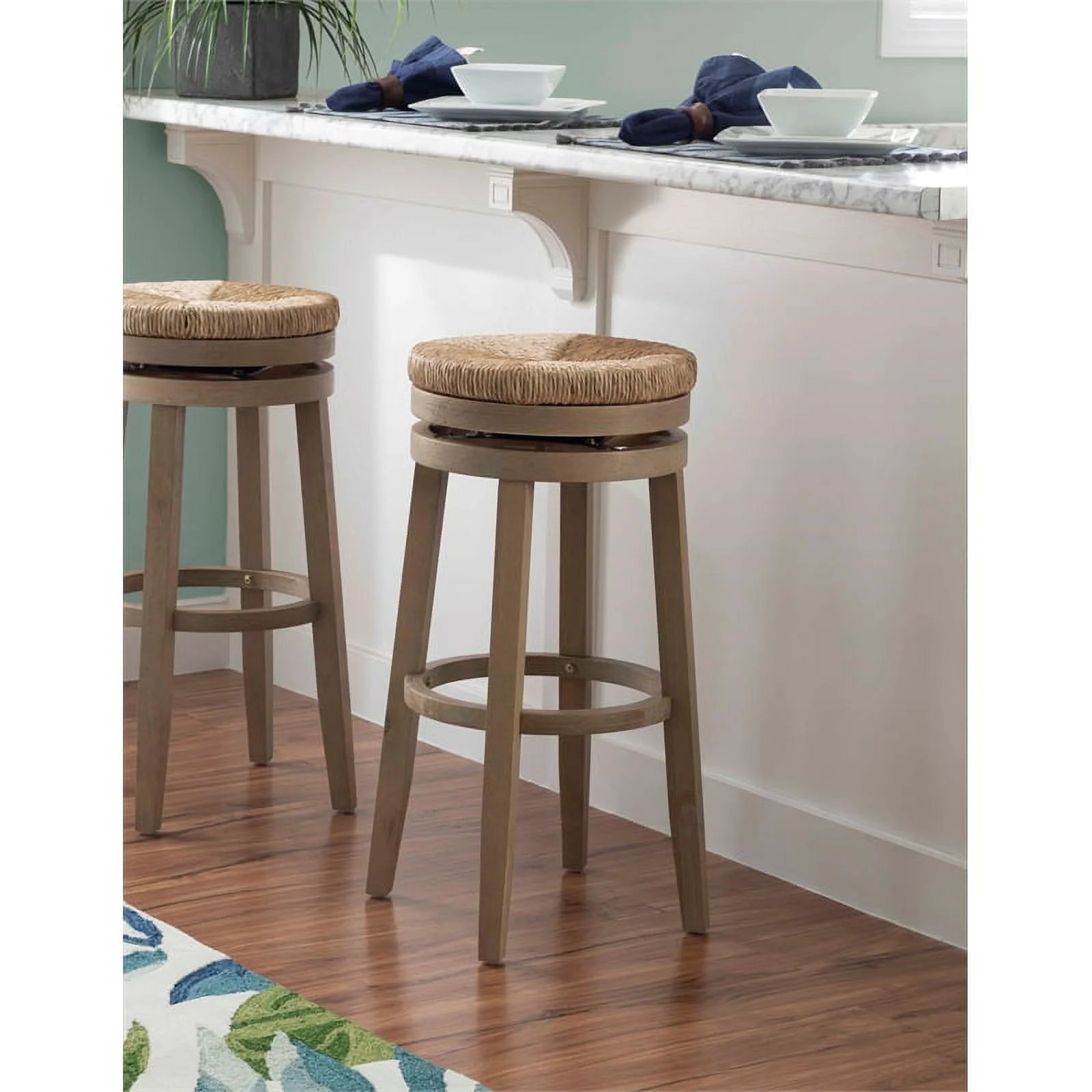 Home Square 3 Piece Solid Wood Swivel Rush Bar Stool Set in Natural Brown