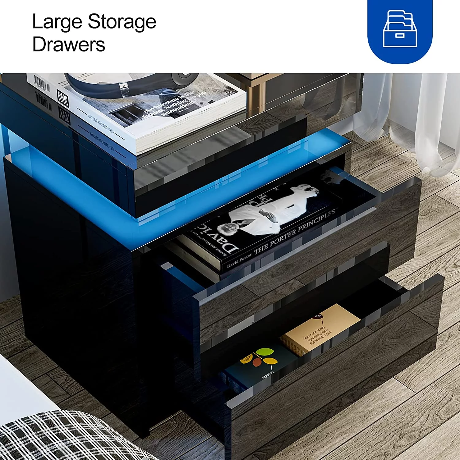 IKIFLY Black Modern LED Nightstand with 2 Drawers/High Gloss Bedside Tables with Changing LED Lights/End Side Table for Bedroom Living Room Furniture - Black