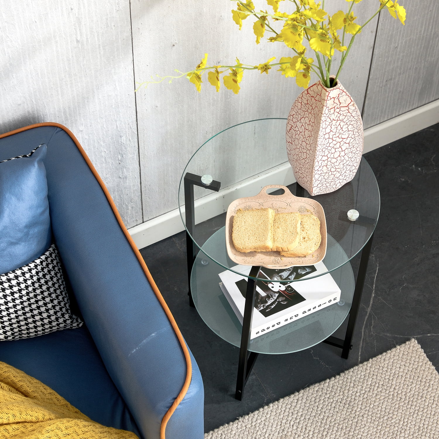 Elegant and Modern 2-Layer Black Tempered Glass End Table  Stylish Round Coffee Table for Office  Living Room  and Bedroom