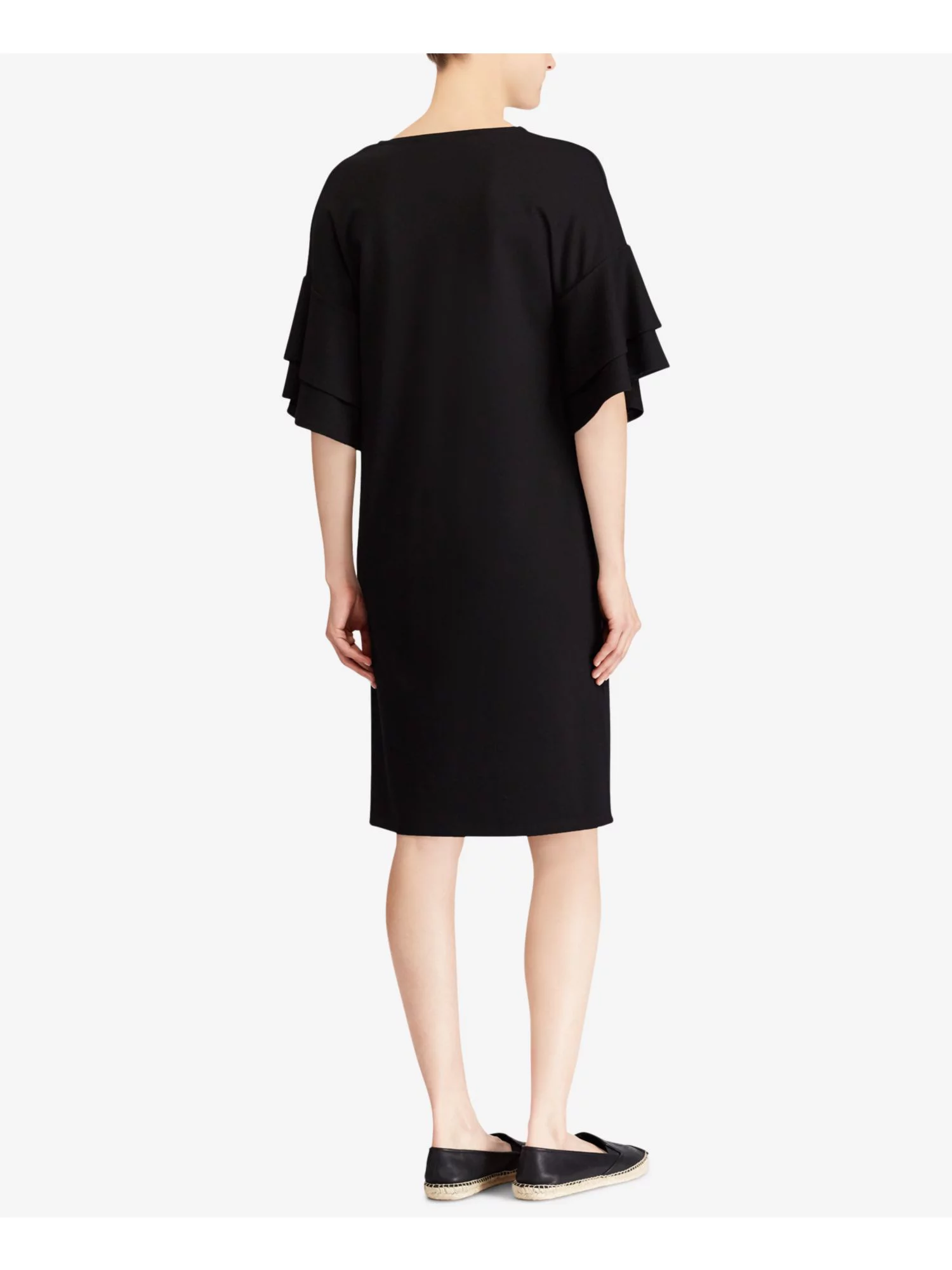 RALPH LAUREN Womens Black Flutter-sleeve Short Sleeve V Neck Knee Length Cocktail Shift Dress S