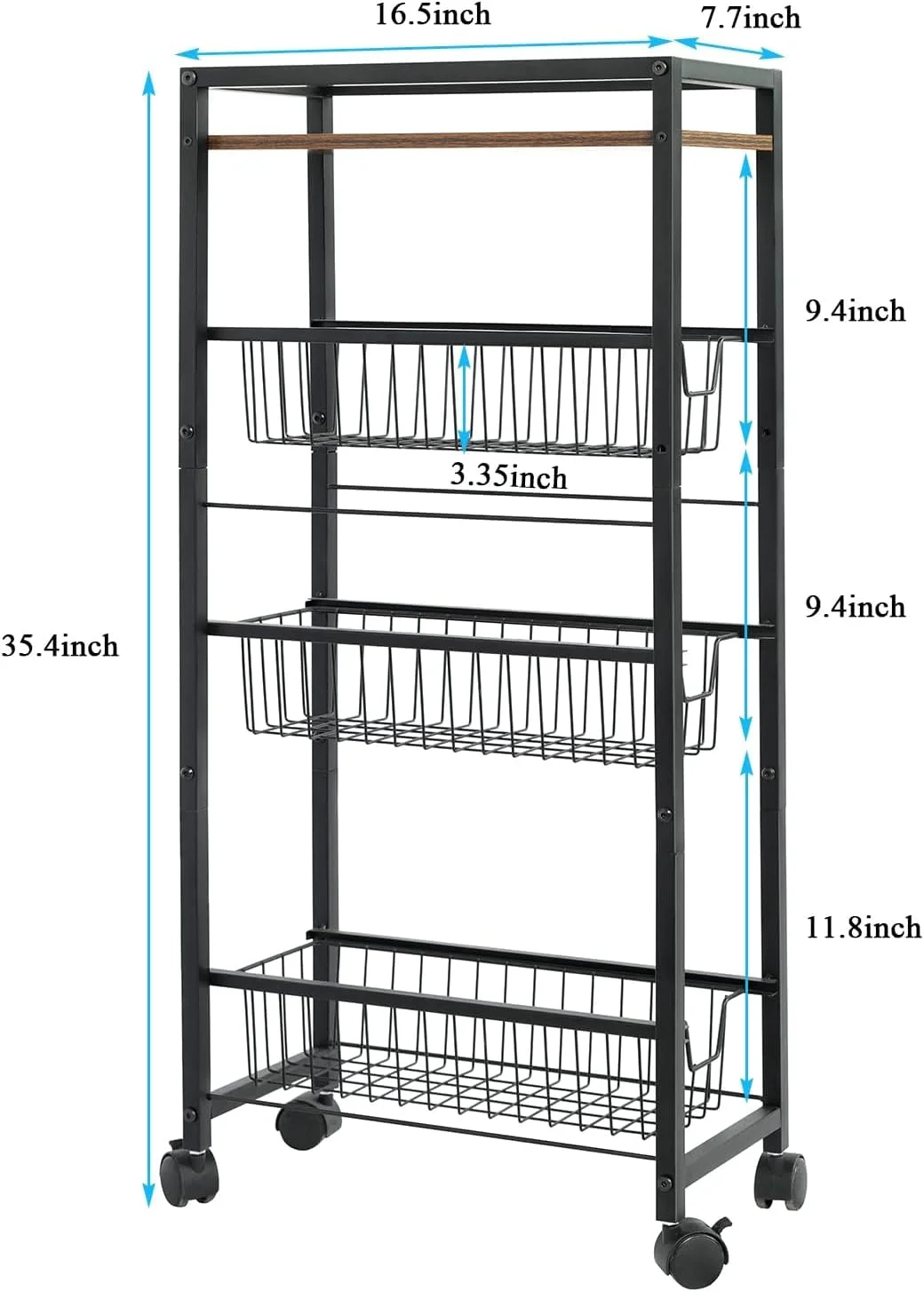 4-Tier Slim Storage Cart with Wheels,X-cosrack Rolling Utility Cart with Slide-Out Wire Baskets & Wooden Tabletop,Mobile Shelving Unit for Bathroom Kitchen Laundry Narrow Places