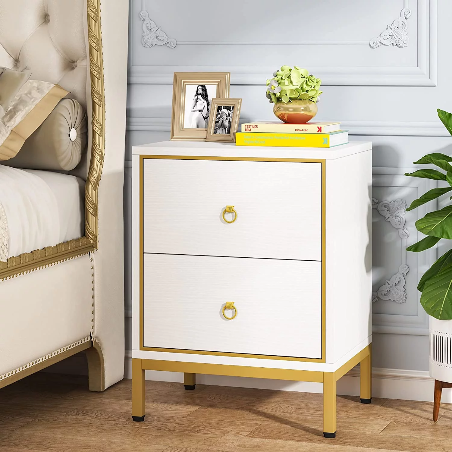 Tribesigns Nightstand with 2 Drawers, White &Gold End Table with Storage, Tall Night Stands Bedside Table for bedrooms, Modern Wood Bedside Furniture with Metal Frame for Bedroom, Living Room