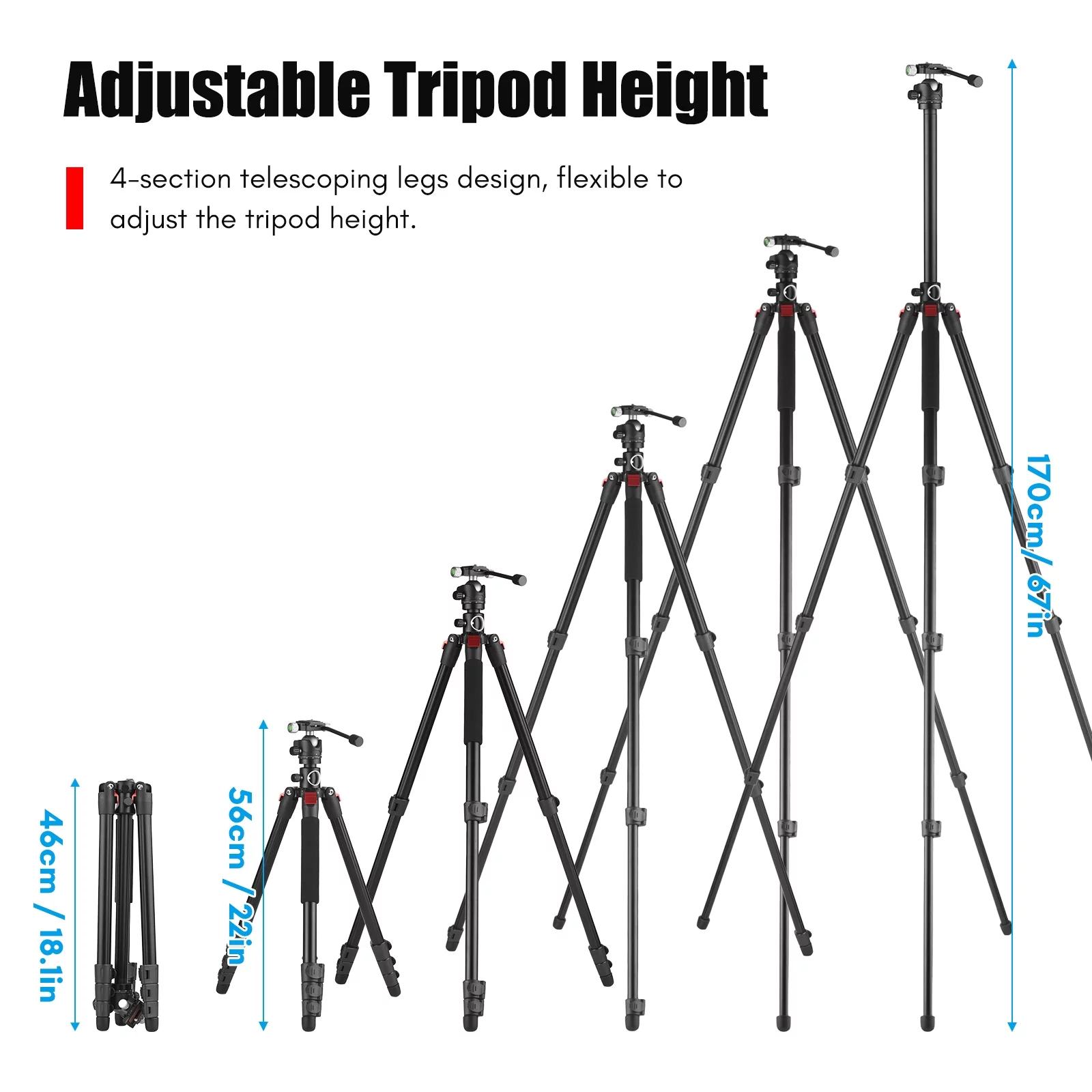 OWSOO Multi-functional Photography Tripod for 170cm/ 67in Horizontal Tripod Stand Aluminum Alloy  Rotatable Ball Head 10kg22lbs Load Capacity with Carry Bag