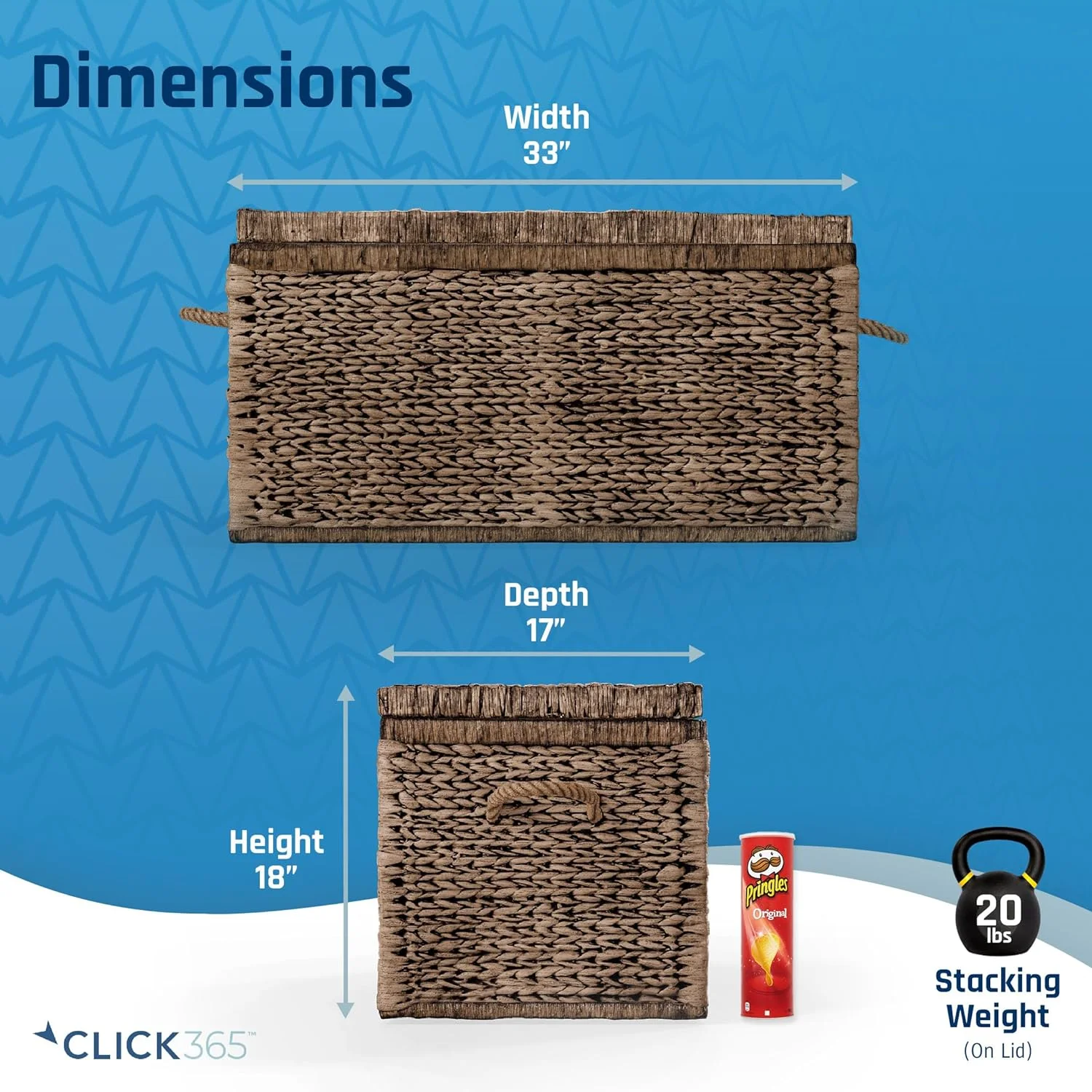 Click365 Storage Trunk, Farmhouse Style, Extra Large (33”), Deep, Woven Wicker Chest With Metal Frame, 2 Handles, Flip Top Lid and Stay Open Safety Hinges, Sustainable Eco Material, Rustic Brown