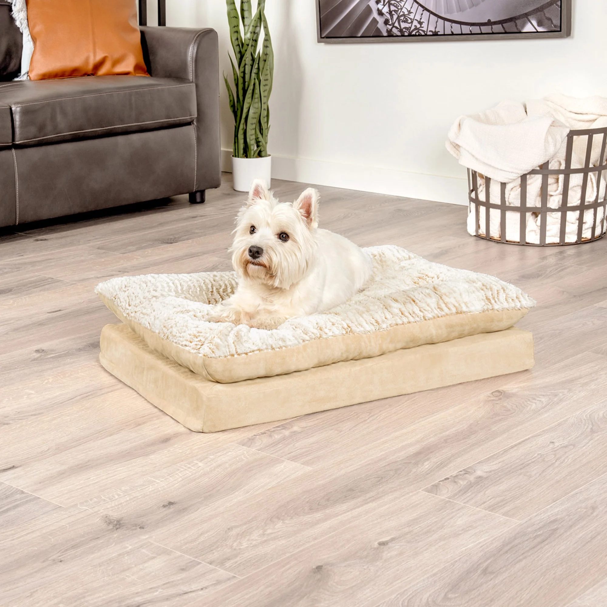 FurHaven Pet Products Medium Embossed Faux Fur & Suede Pillow Top Mattress Dog & Cat Bed, Taupe