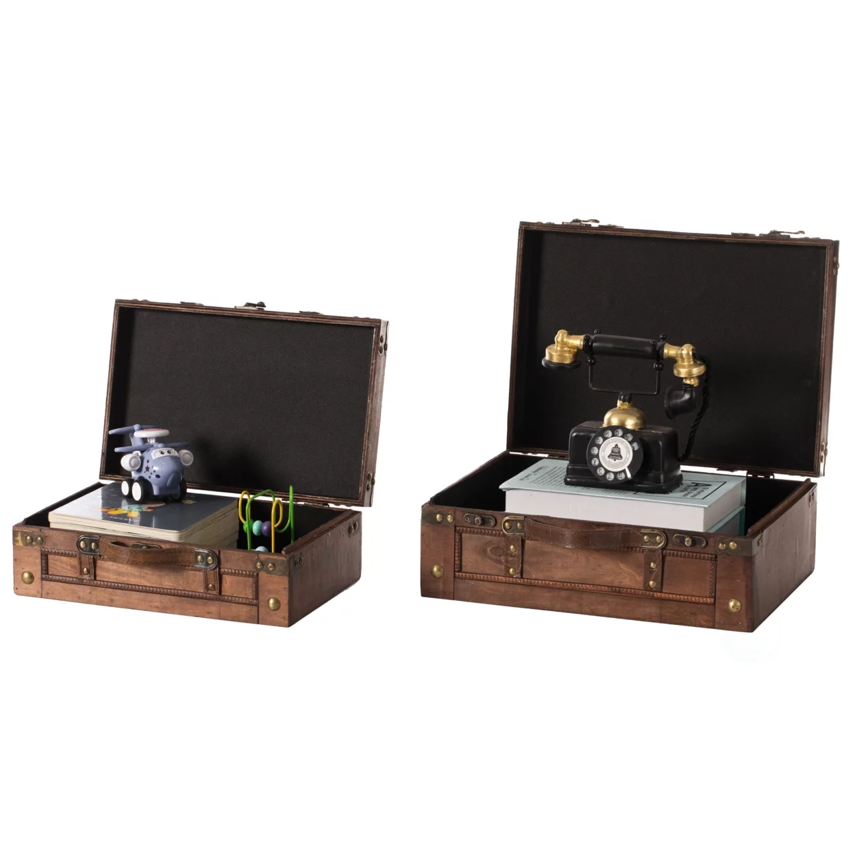 Vintiquewise Leather Antique Decorative Storage Trunk, Wooden Suitcase with Faux Leather Belt Brown