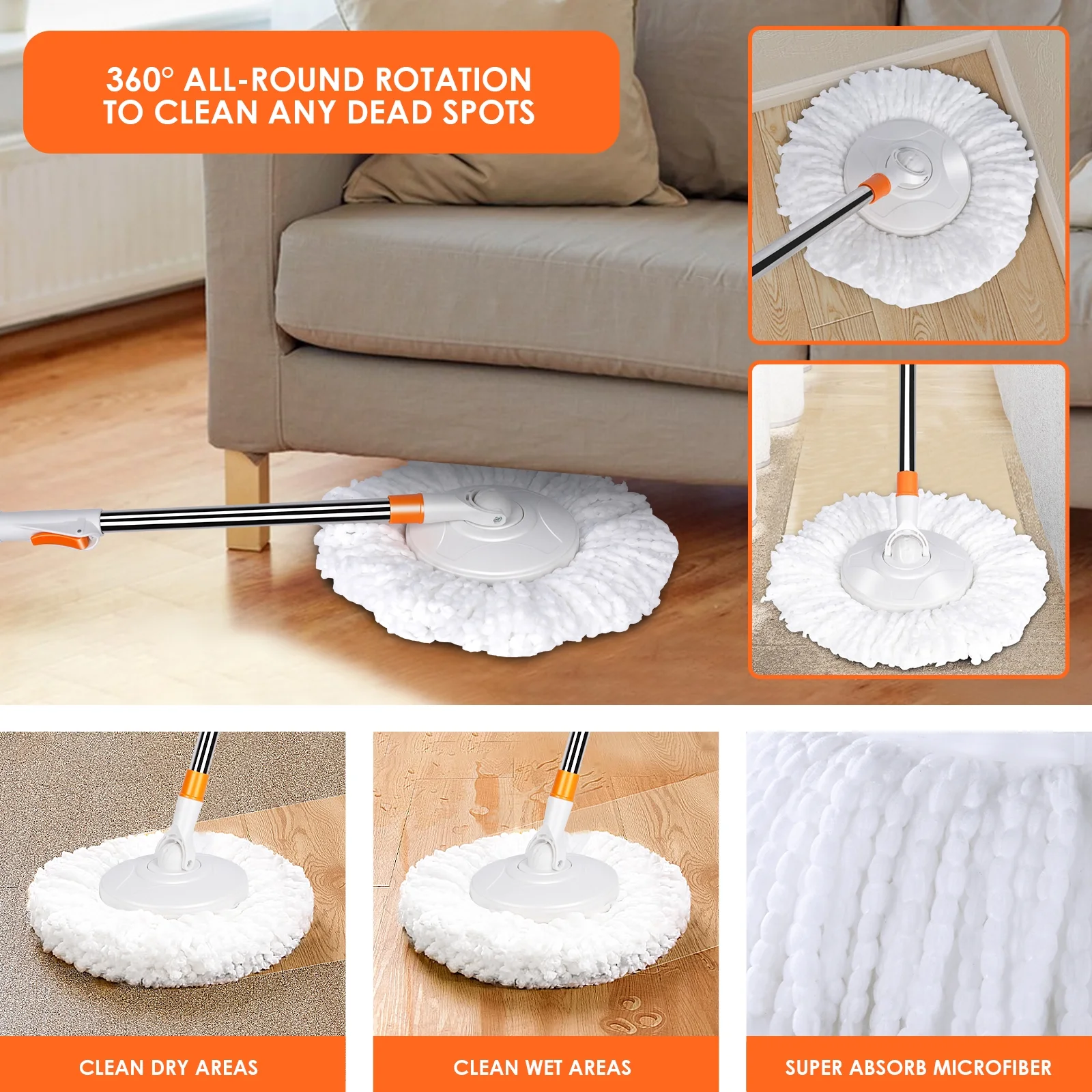Masthome Handle Spin Mop and Bucket with Wringer Set for Floor Cleaning,6 Microfiber Mop Pads