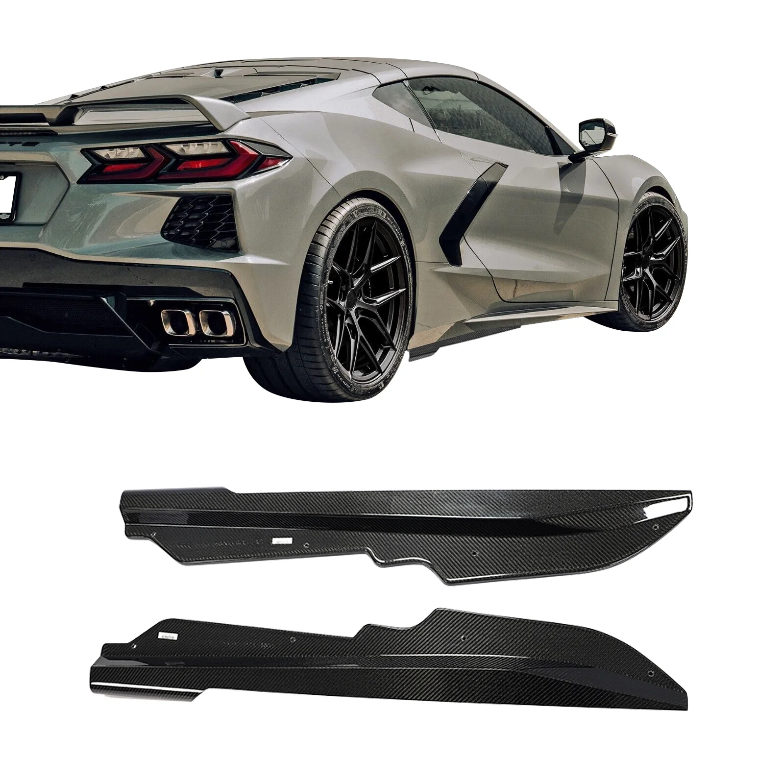 Ikon Motorsports Side Skirts Compatible With 2020-2023 Chevrolet Corvette C8 Stingray & Z51 IKON Style Real Carbon Fiber Gloss Black Left Right Winglet Rocker Panel Extensions