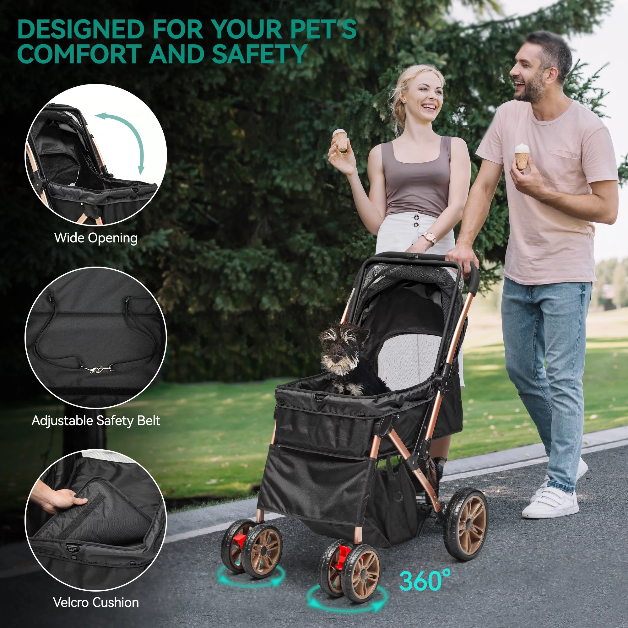 Dextrus Dog Stroller for Medium Small Dogs, Upgraded Version with Larger Room, Foldable Pet Stroller with 360° Rotation Wheel, Cat Kitty Puppy Stroller with Storage Basket (Black)