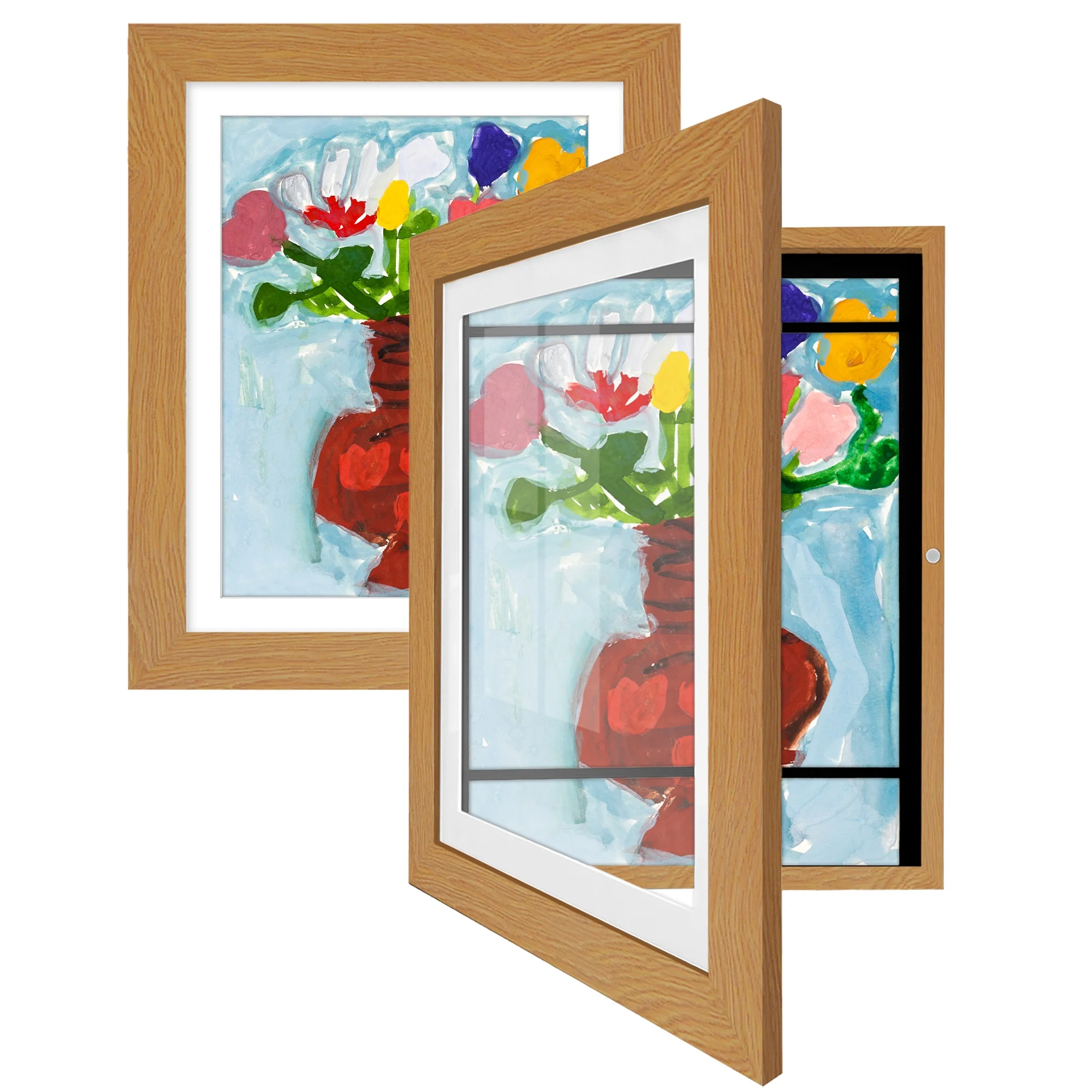 Americanflat Set of 2 Frame for Kids Art 10x12.5 inches with 8.5x11 inches Mat - Wood with Glass - Oak