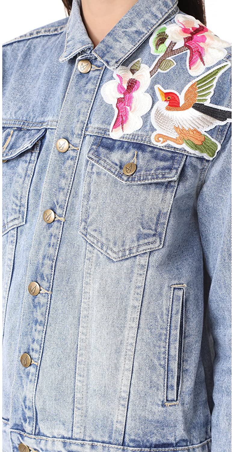 MinkPink Womens Patched Denim Jacket, Blue, Large