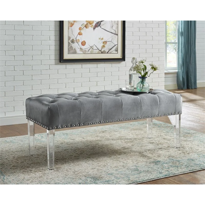 Roundhill Furniture Valley Button-Tufted Velvet Bench with Acrylic Leg in Gray