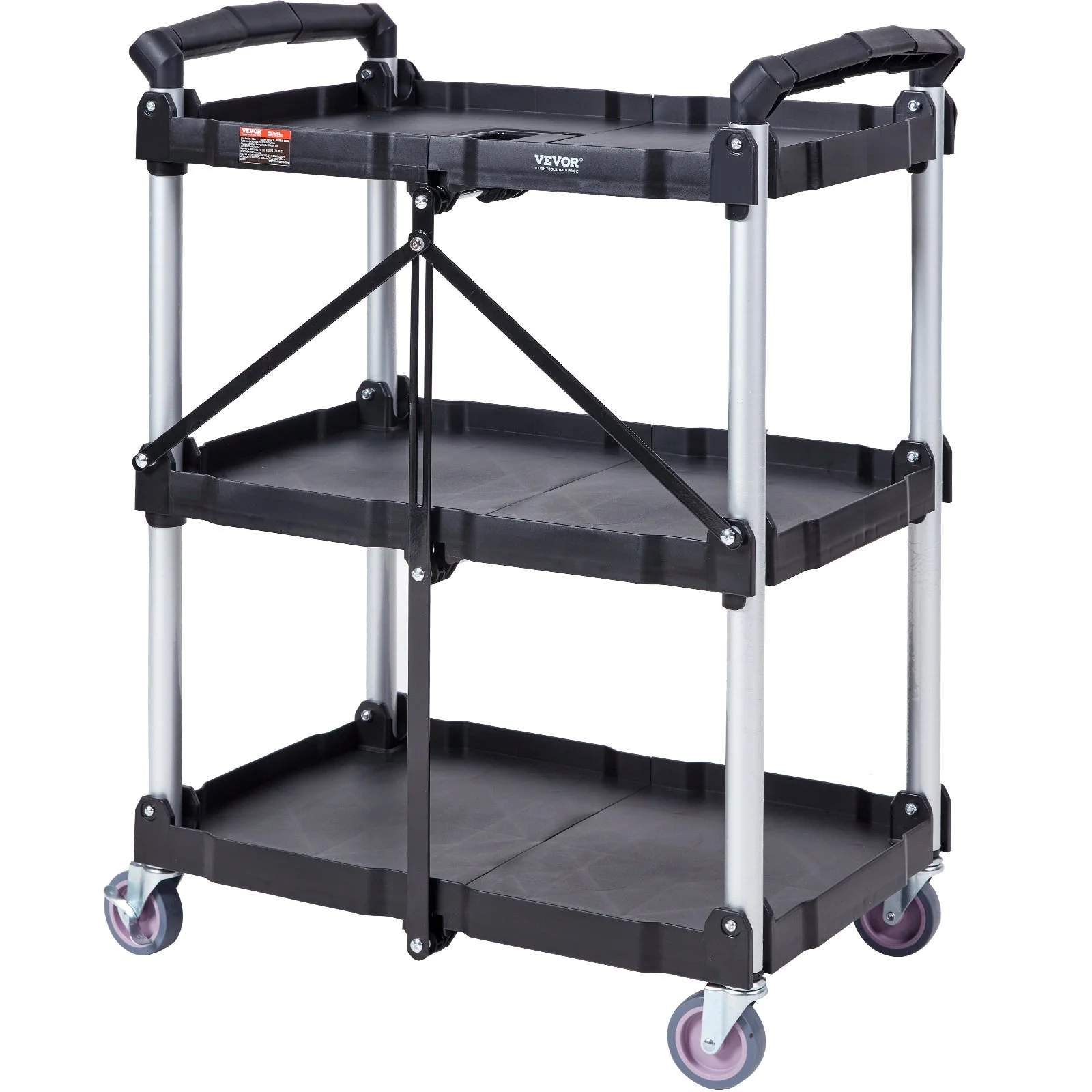 EVOR 3-Shelf Rolling Utility Cart - 165LBS Capacity, Foldable, Lockable Wheels, for Warehouse, Office, Home - 25.6x15.4x32.8 inches