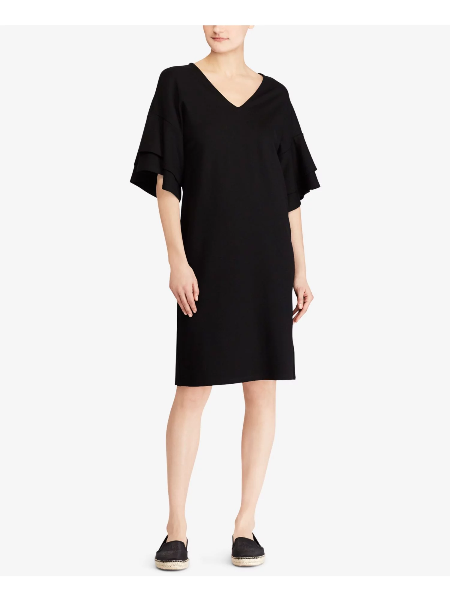 RALPH LAUREN Womens Black Flutter-sleeve Short Sleeve V Neck Knee Length Cocktail Shift Dress S