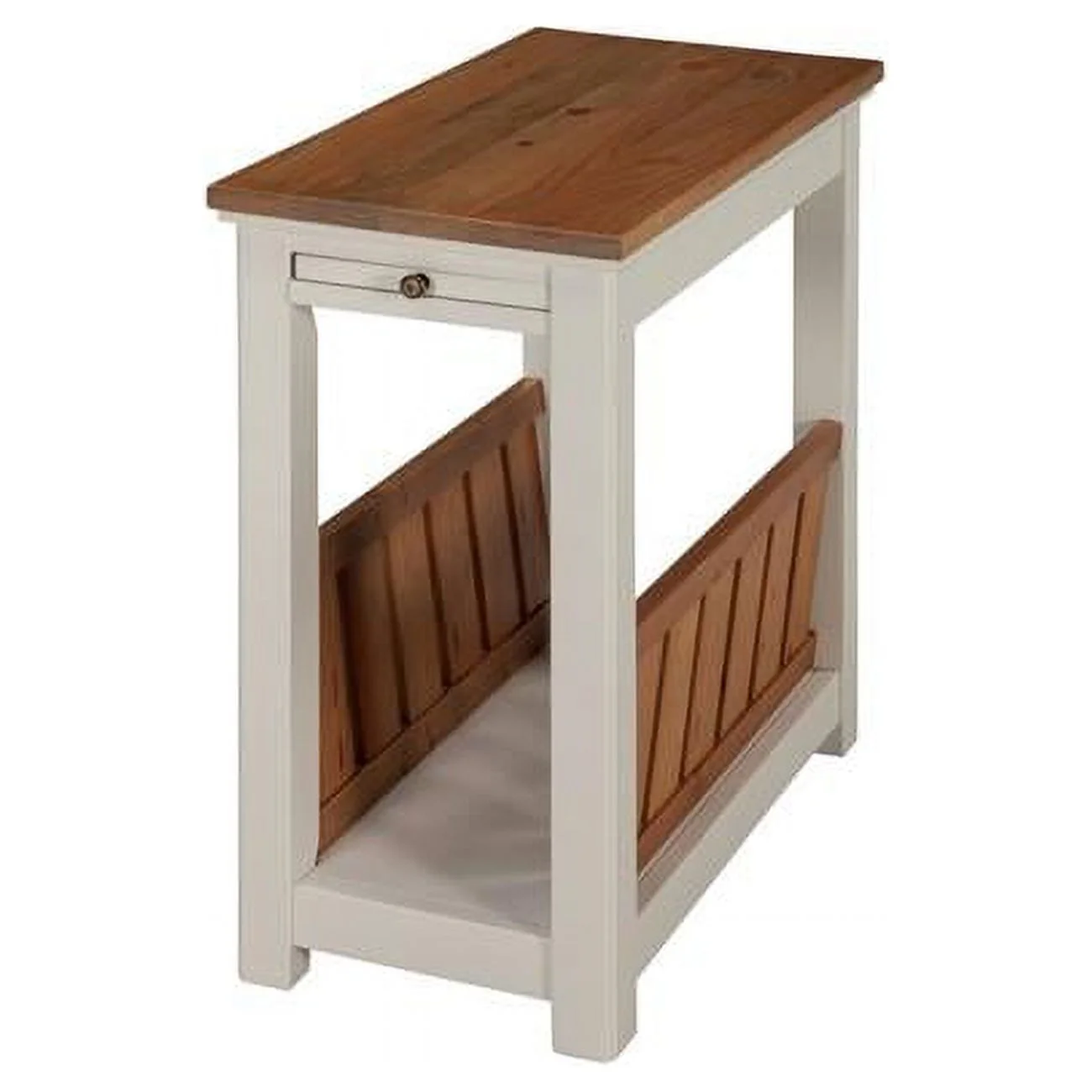 Savannah Chairside Magazine End Table with Pull-Out Shelf, Ivory with Natural Wood Top