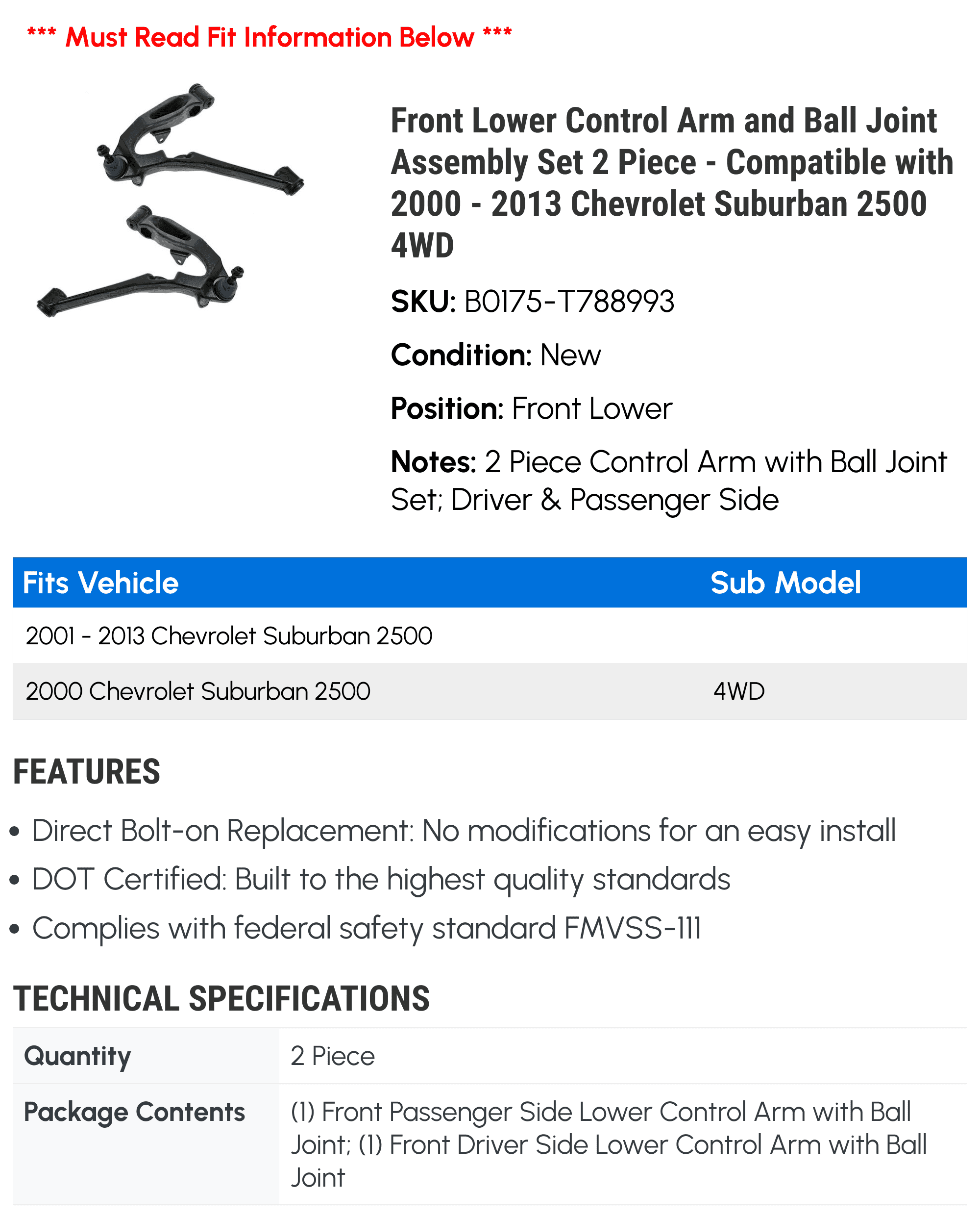 Front Lower Control Arm and Ball Joint Assembly Set 2 Piece - Compatible with 2000 - 2013 Chevy Suburban 2500 4WD 2001 2002 2003 2004 2005 2006 2007 2008 2009 2010 2011 2012