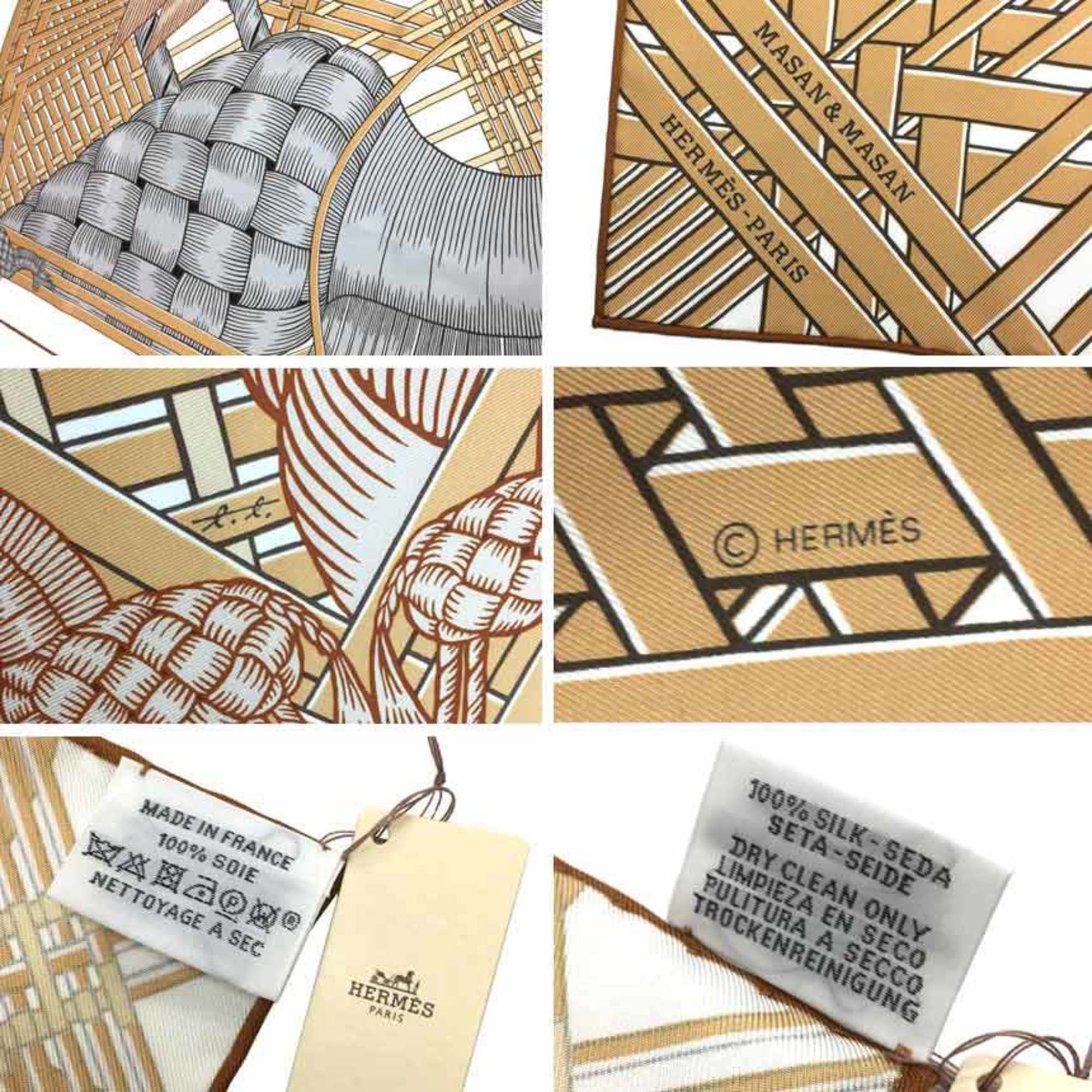 Pre-Owned HERMES Hermes Carre 90 Scarf Muffler MASAN&MASAN Masan 2021 White/Beige/Gray 100% Silk (Like New)