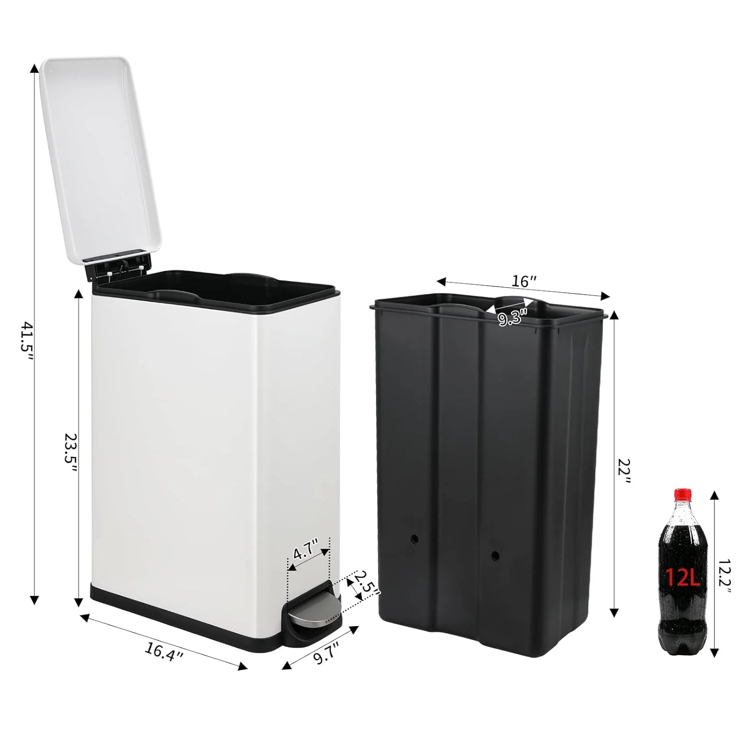 LAZY BUDDY Slim Trash Can, 13 Gallon Step Trash Bin with Lid 50 L Stainless Steel Garbage Can White Wastebin for Kitchen Bathroom