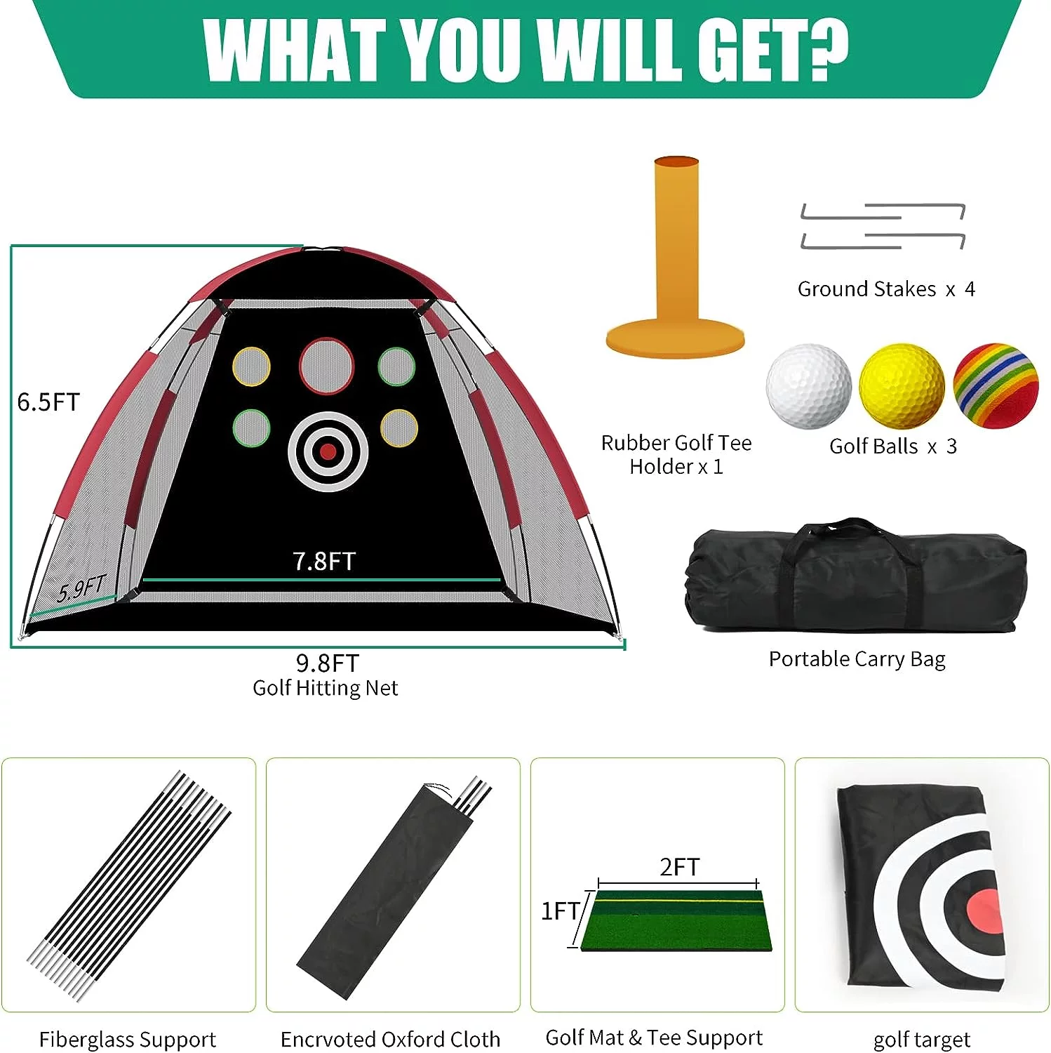 Slsy Golf Net Golf Practice Net with Target/Mat/Balls/Tee/Bag, 10x7ft Golf Hitting Aids Nets for Backyard Driving Chipping, Home Golf Swing Training