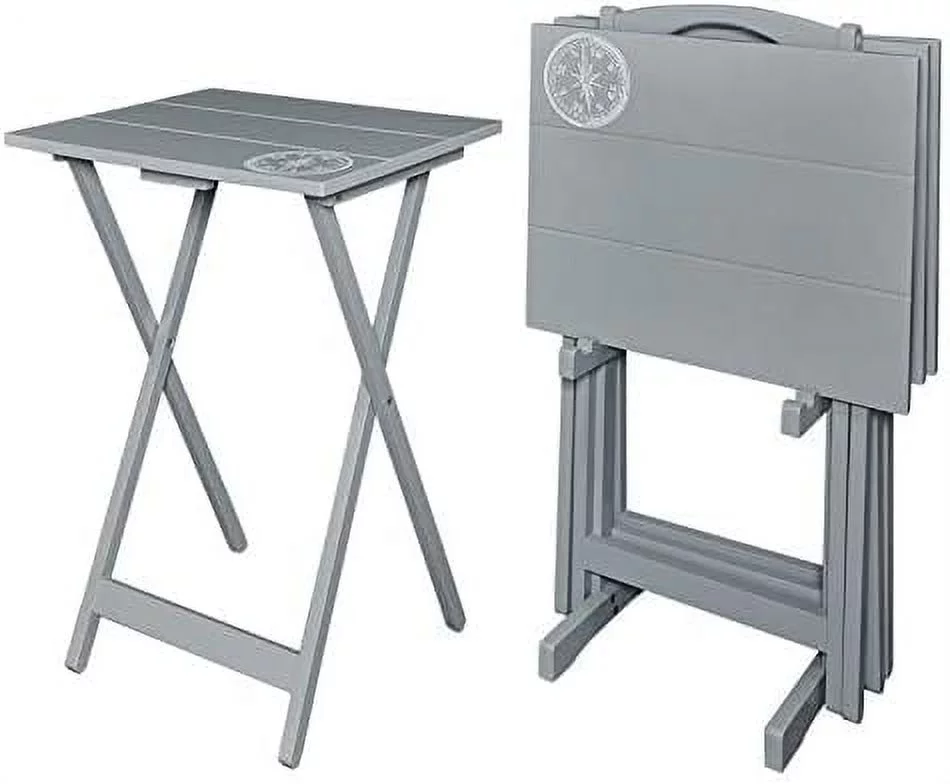 TJUNBOLIFE 5 Piece Set Compass Print Wood Folding TV Tray Table Stand in Gray 4 Tray Tables & 1 Stand