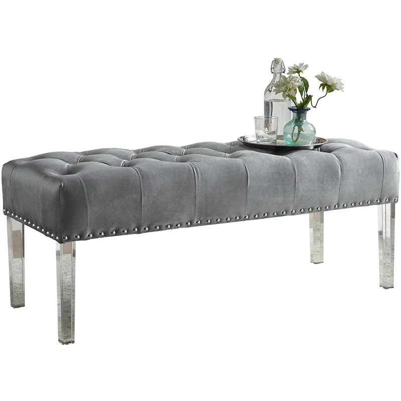 Roundhill Furniture Valley Button-Tufted Velvet Bench with Acrylic Leg in Gray