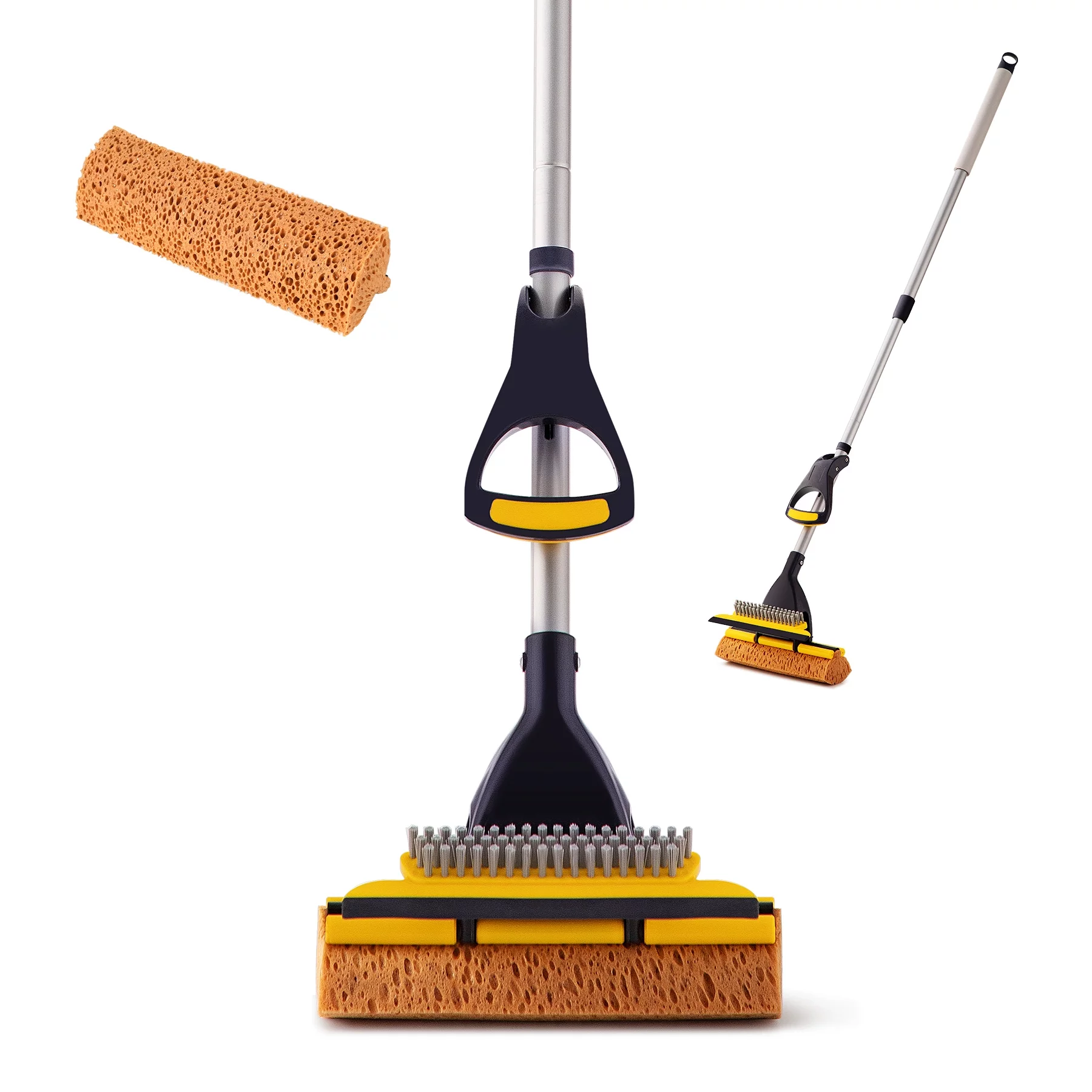 Yocada Sponge Mop with Extendable Iron Handle Squeegee Easily Wringing for Floor Total 1 Head, Black