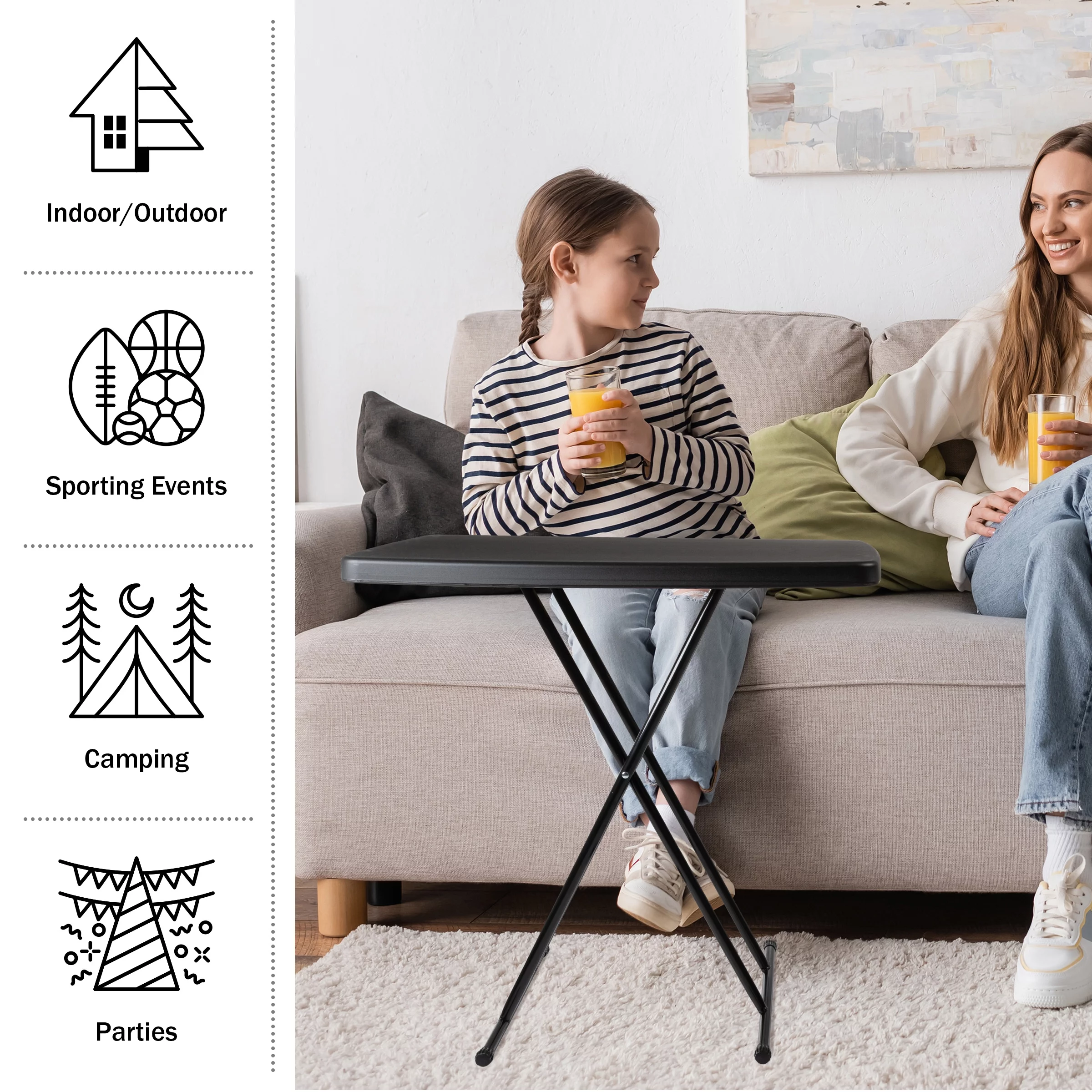 Everyday Home Adjustable Folding Table for Camping, Cards and Crafts, Black