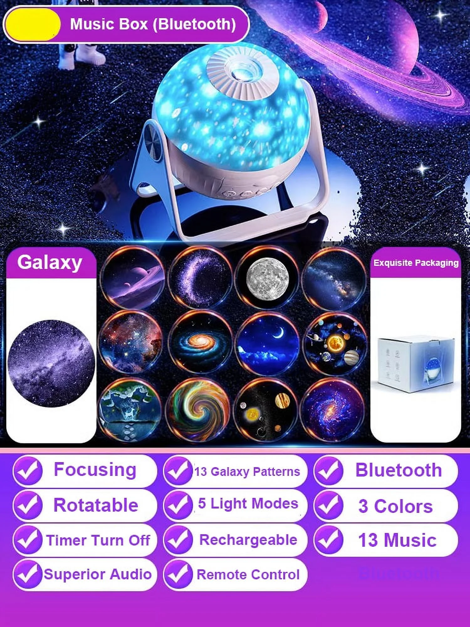 Star Projector, Galaxy Light Projection for Bedroom with Bluetooth Speaker, 13 Colors Aurora Moon Lamp, Nebula Starry Night LED Music Projector, Christmas Birthday Gift for Kids, Adults, Room Décor