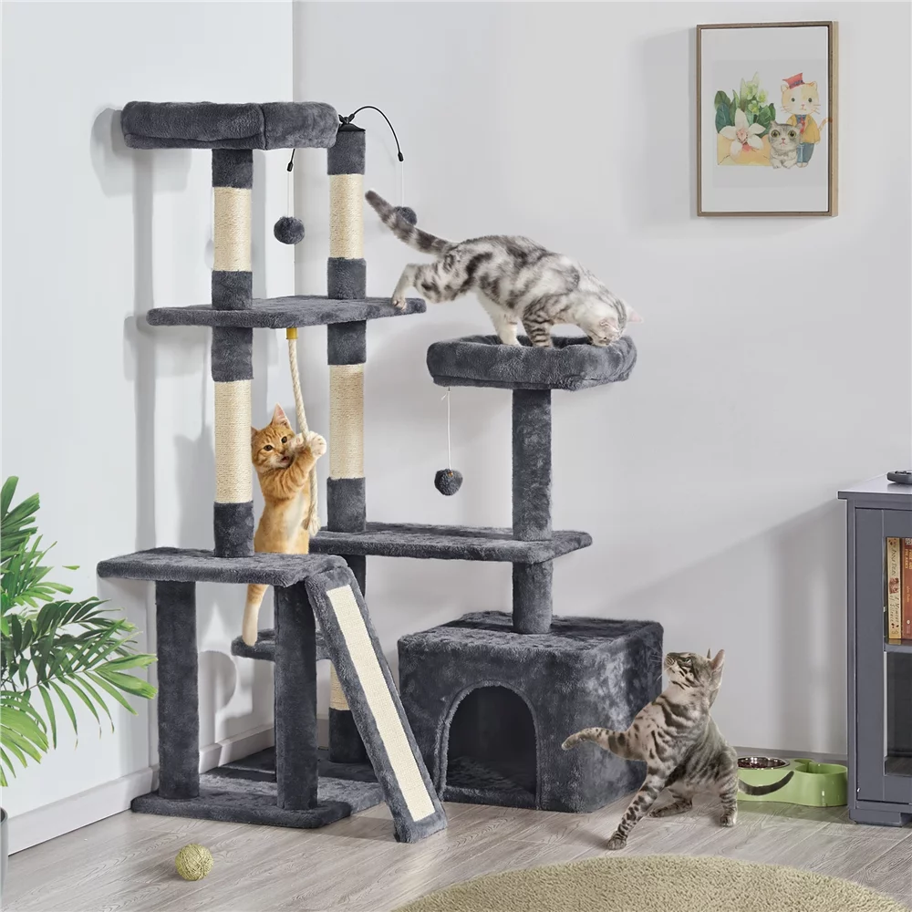 Easyfashion Multilevel Plush Cat Tree with Dangling Balls for Cats and Kittens, Dark Gray