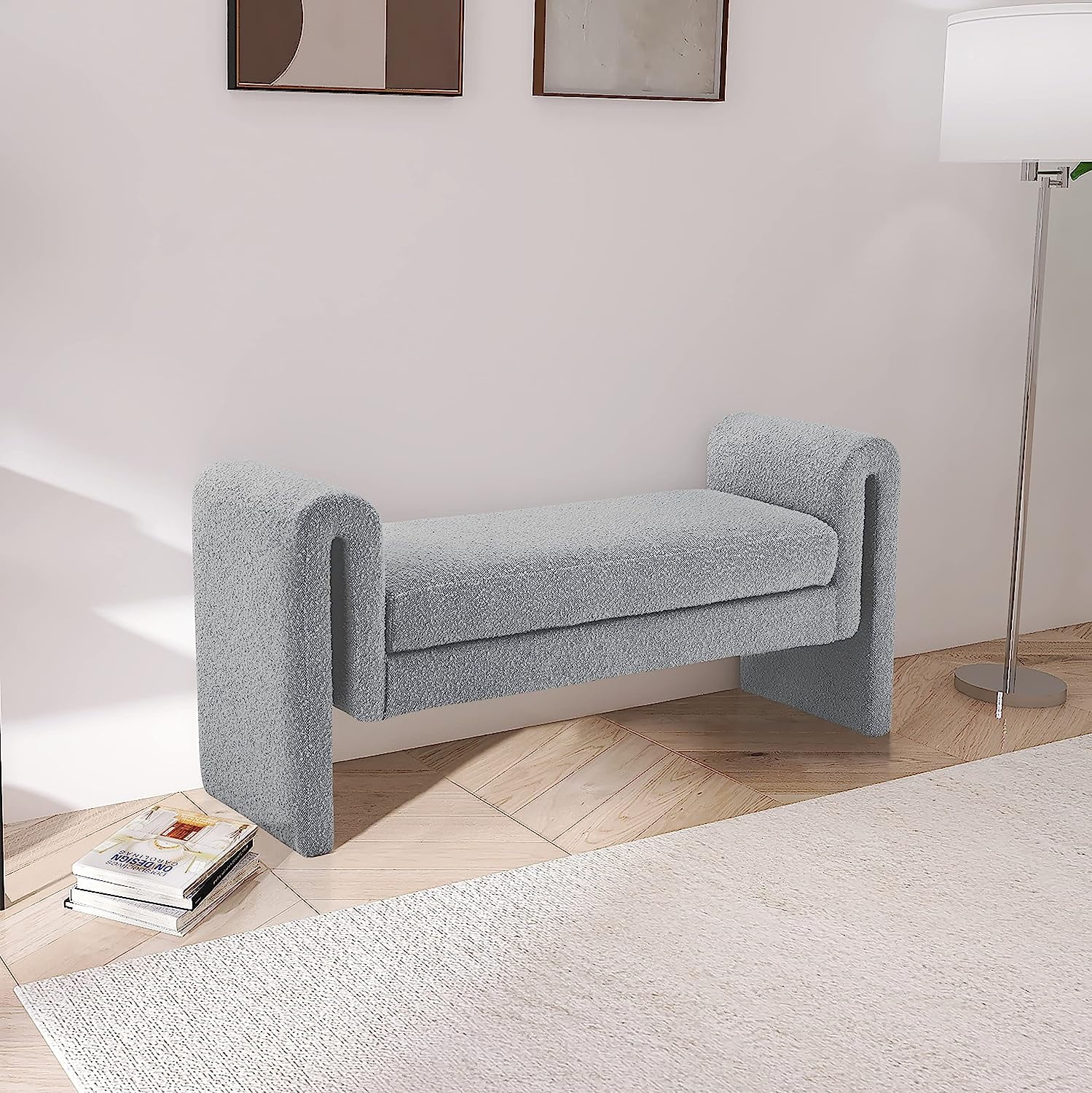 Stylus Collection Modern | Contemporary Upholstered Bench with Rich Boucle Fabric and Curved Arms Grey