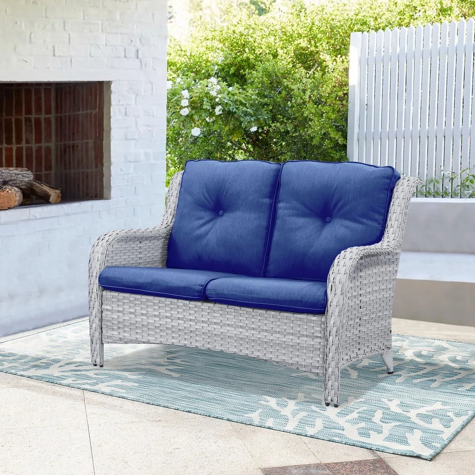 PARKWELL Patio Rattan Seat Sofa Cushioned Loveseat,Outdoor Wicker Furniture,Blue