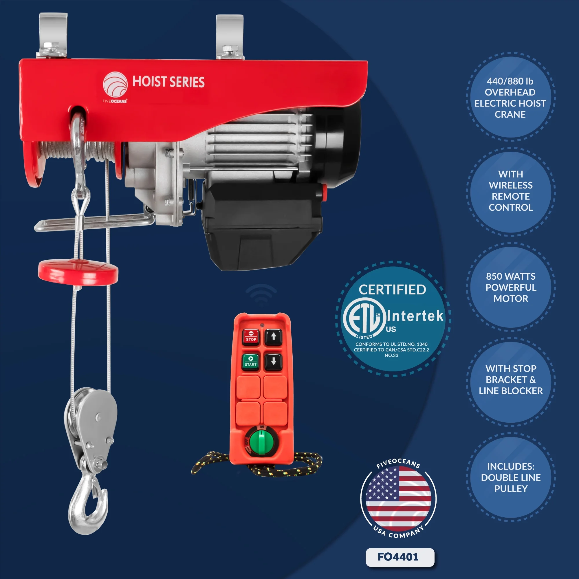 Five Oceans Electric Hoist, Hoist Pulley System, 1100 Lb Electric Winch with Wireless Remote Control 110 Volt - FO4402