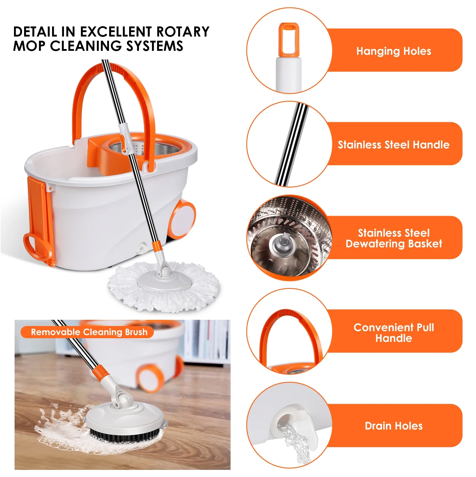 Masthome Handle Spin Mop and Bucket with Wringer Set for Floor Cleaning,6 Microfiber Mop Pads